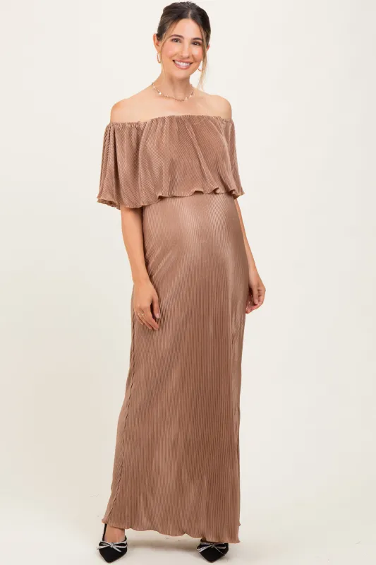 Mocha Pleated Ruffle Off Shoulder Maternity Maxi Dress sold by Pinkblush