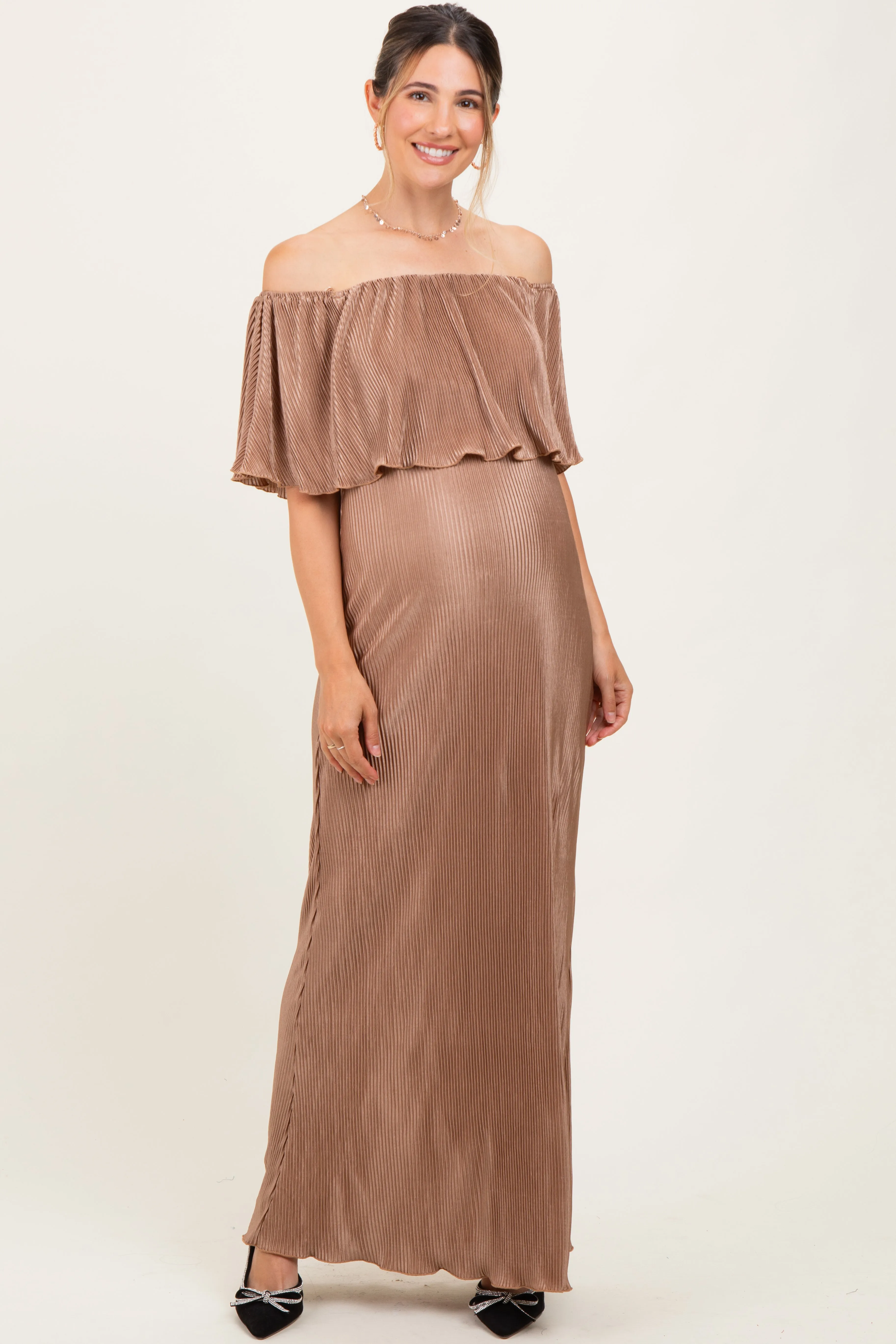 Mocha Pleated Ruffle Off Shoulder Maternity Maxi Dress sold by Pinkblush