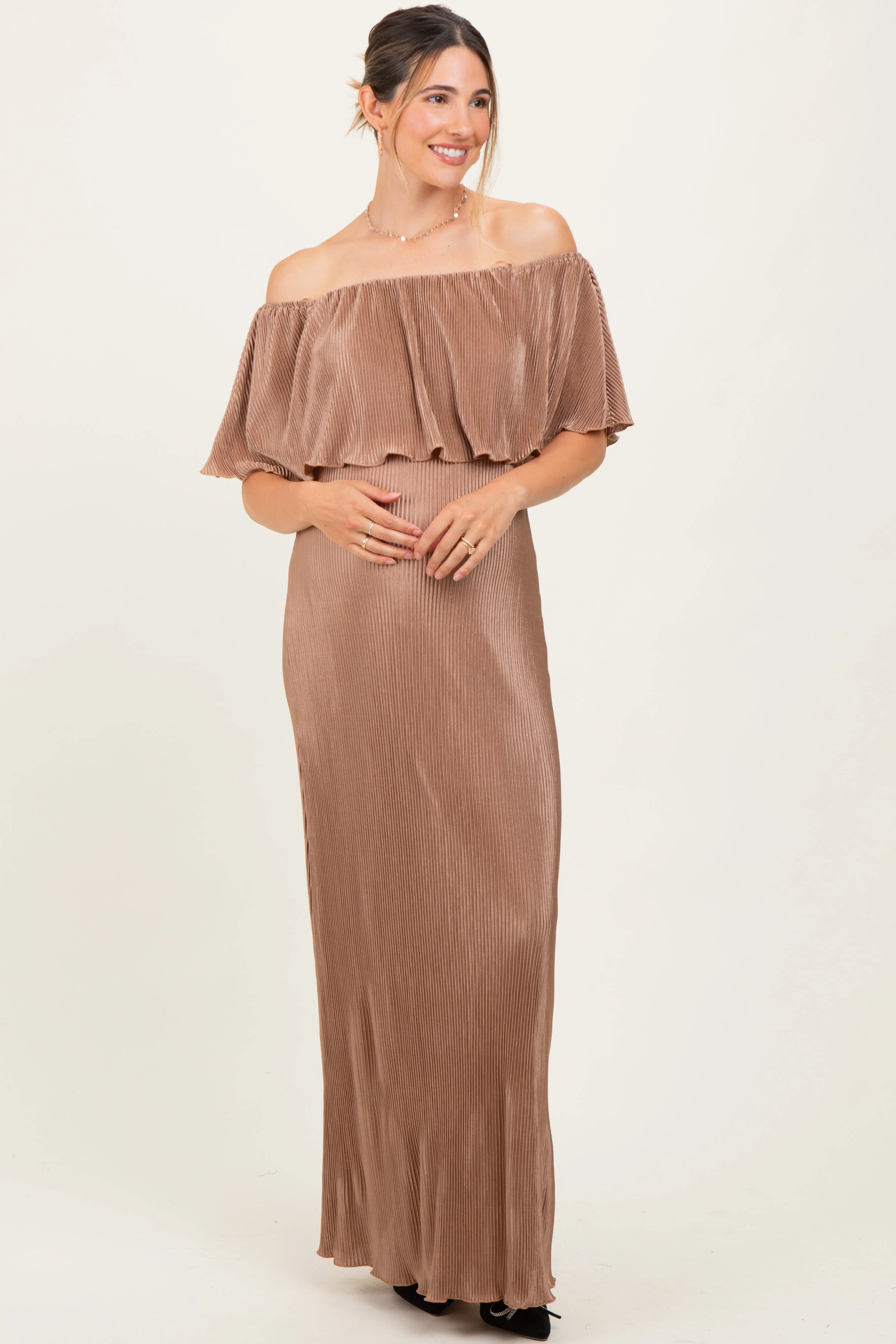 Mocha Pleated Ruffle Off Shoulder Maternity Maxi Dress sold by Pinkblush product image thumbnail 2
