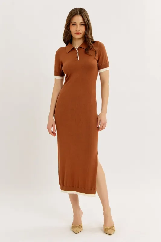 Camel Sweater Side Slit Midi Dress sold by Pinkblush