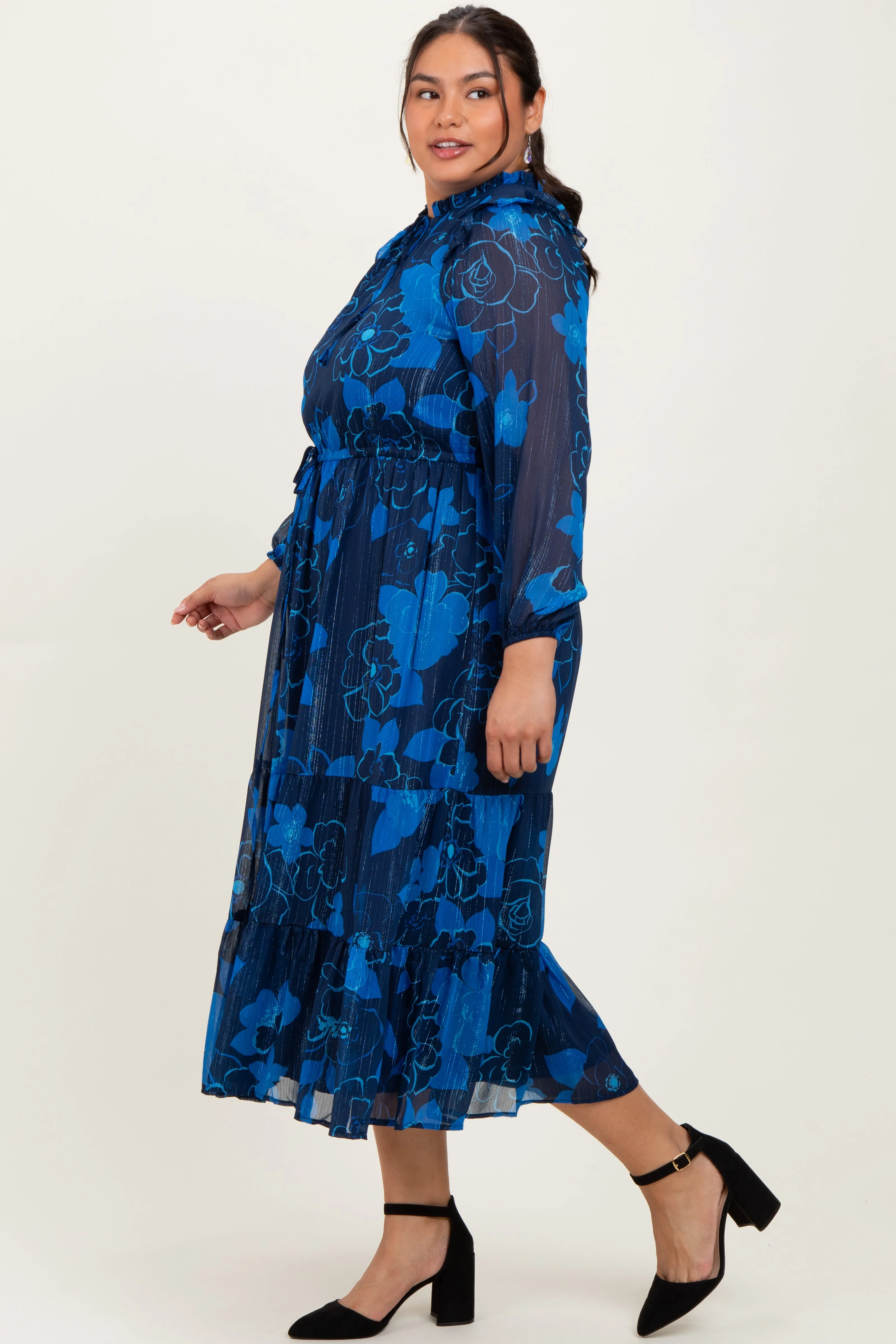 Navy Blue Floral Tiered Plus Midi Dress sold by Pinkblush product image thumbnail 3