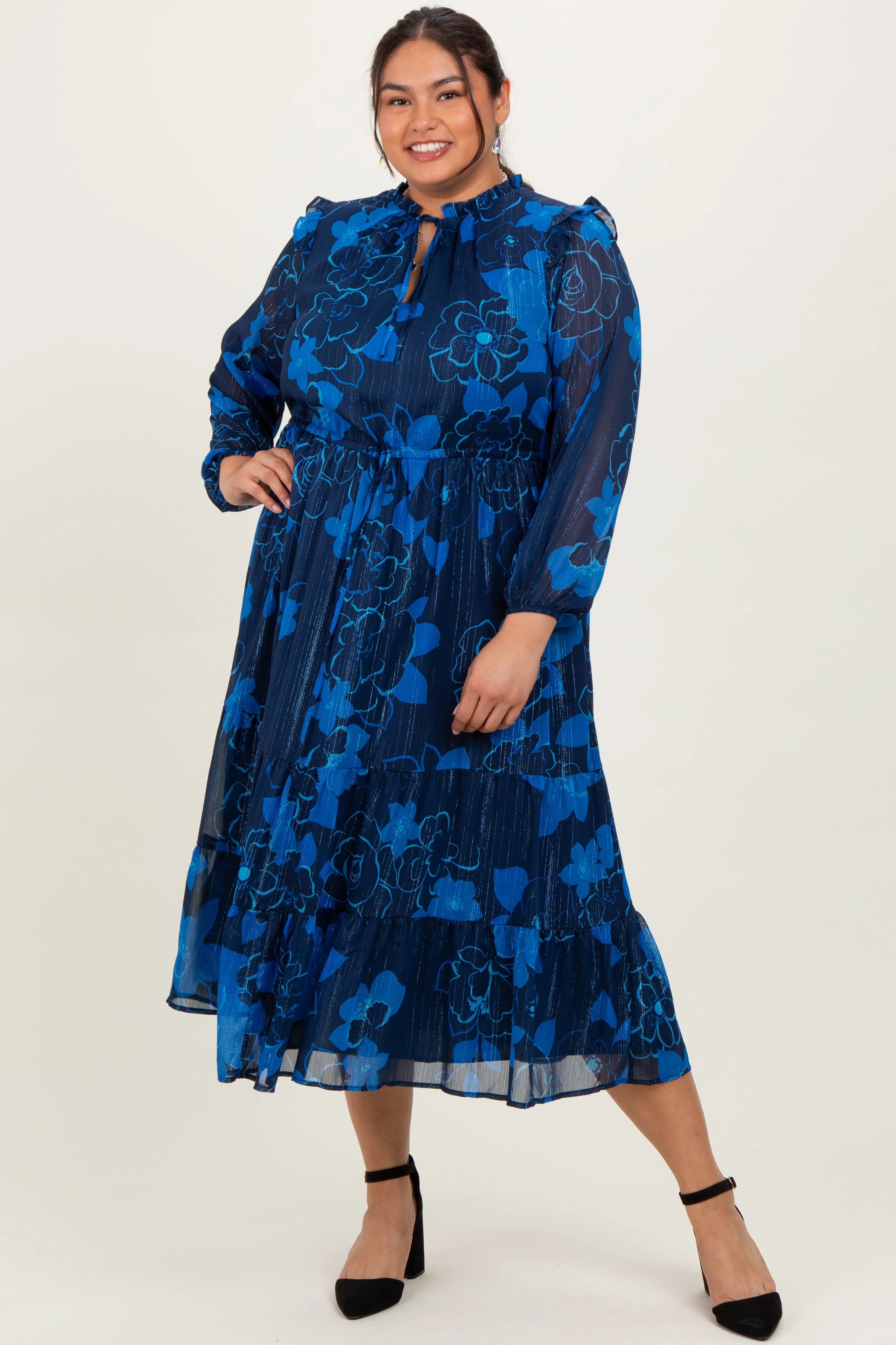 Navy Blue Floral Tiered Plus Midi Dress sold by Pinkblush product image thumbnail 2