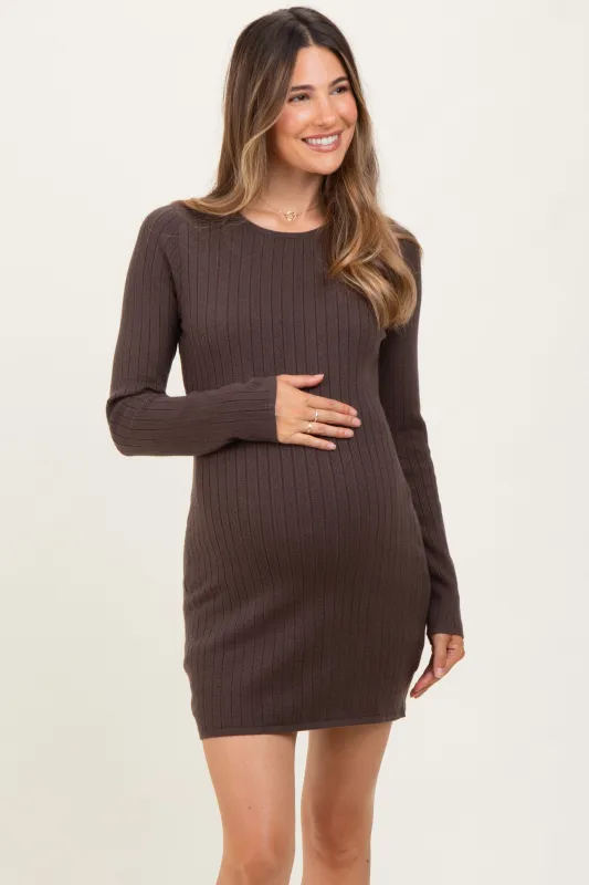Brown Ribbed Long Sleeve Maternity Short Dress sold by Pinkblush