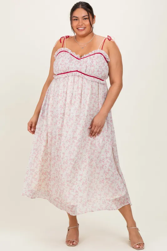 Pink Floral Ruffle Detail Shoulder Tie Plus Midi Dress sold by Pinkblush
