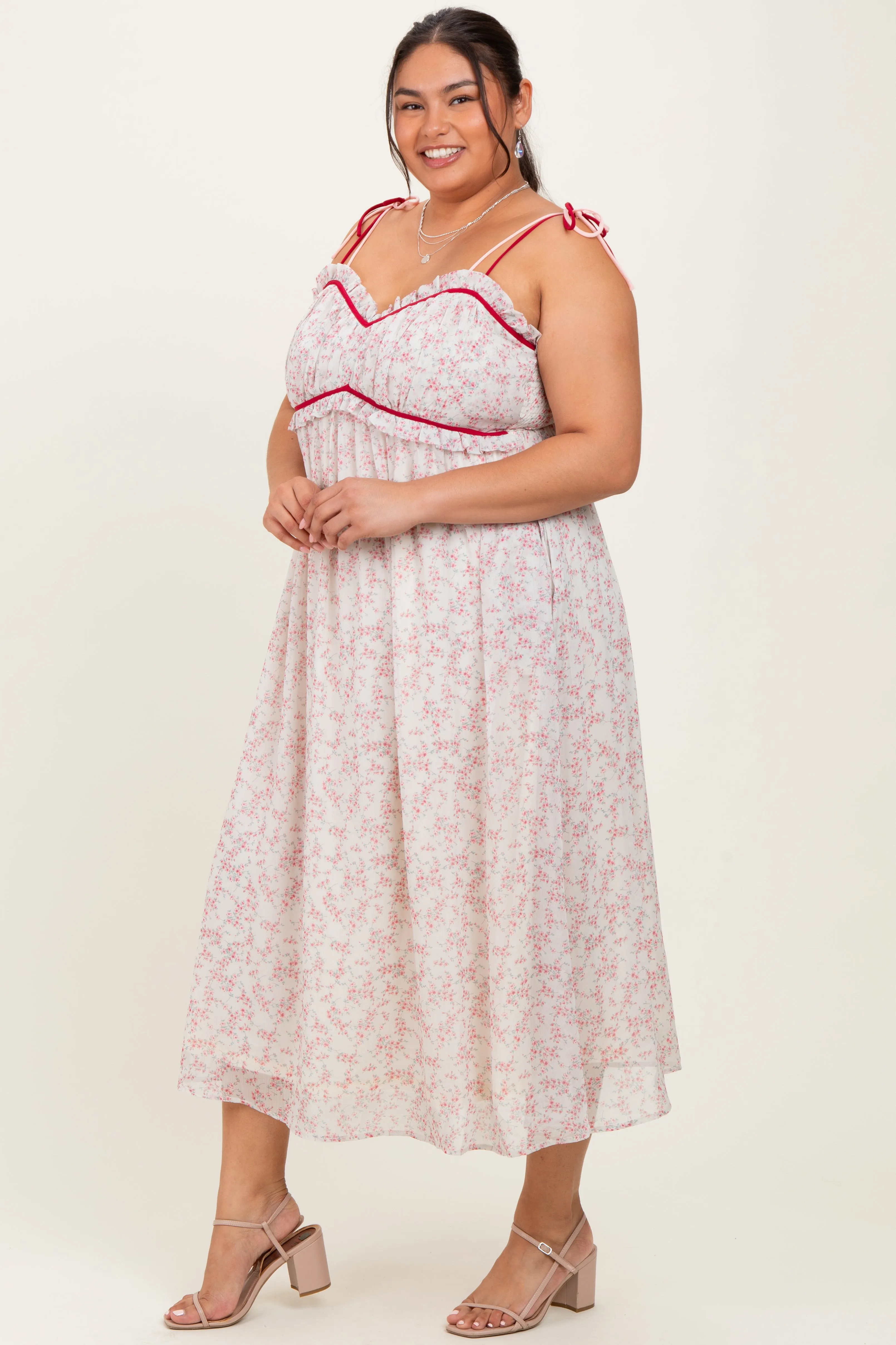 Pink Floral Ruffle Detail Shoulder Tie Plus Midi Dress sold by Pinkblush product image thumbnail 2