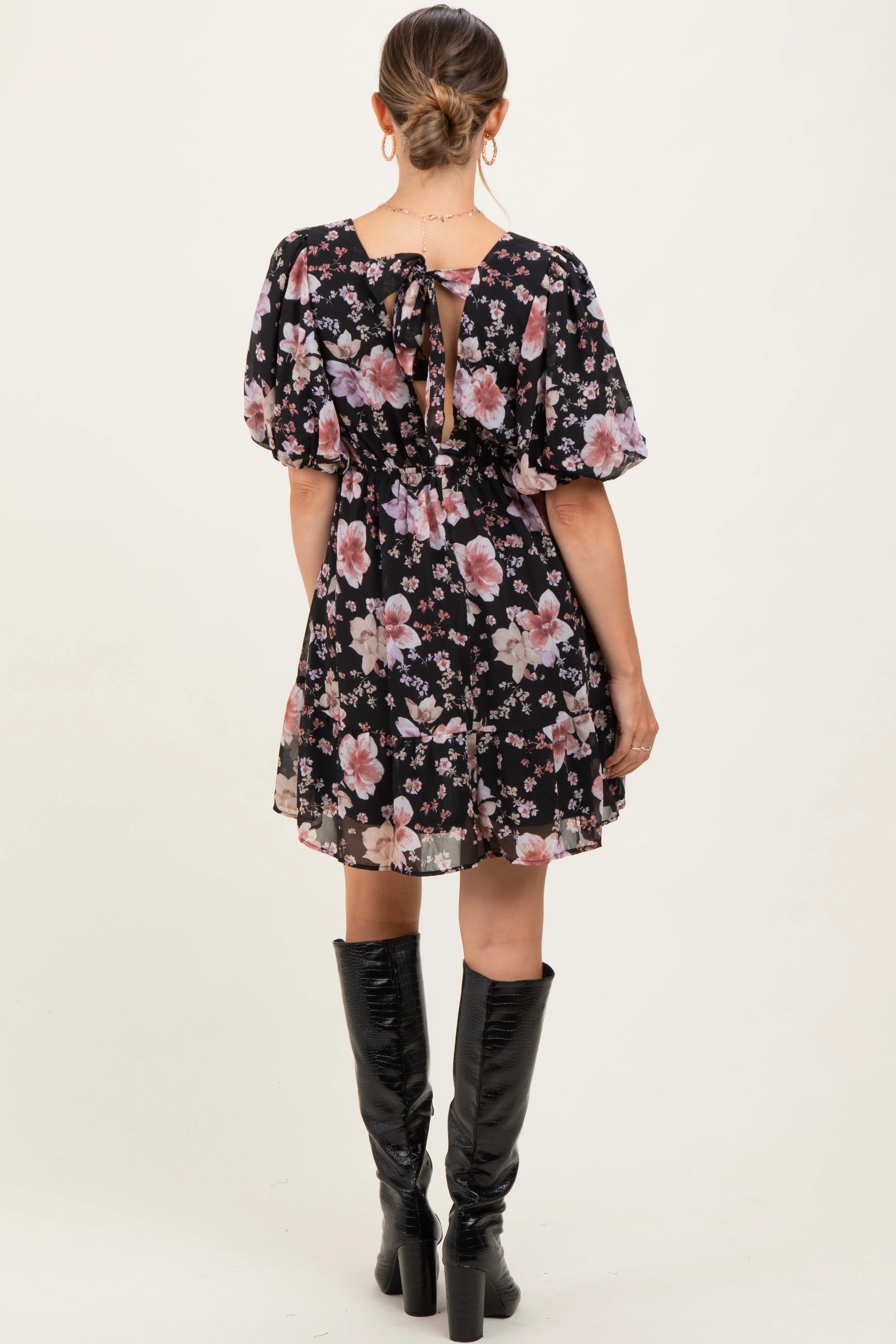 Black Floral V-Neck Puffed Sleeve Maternity Mini Dress sold by Pinkblush product image thumbnail 4