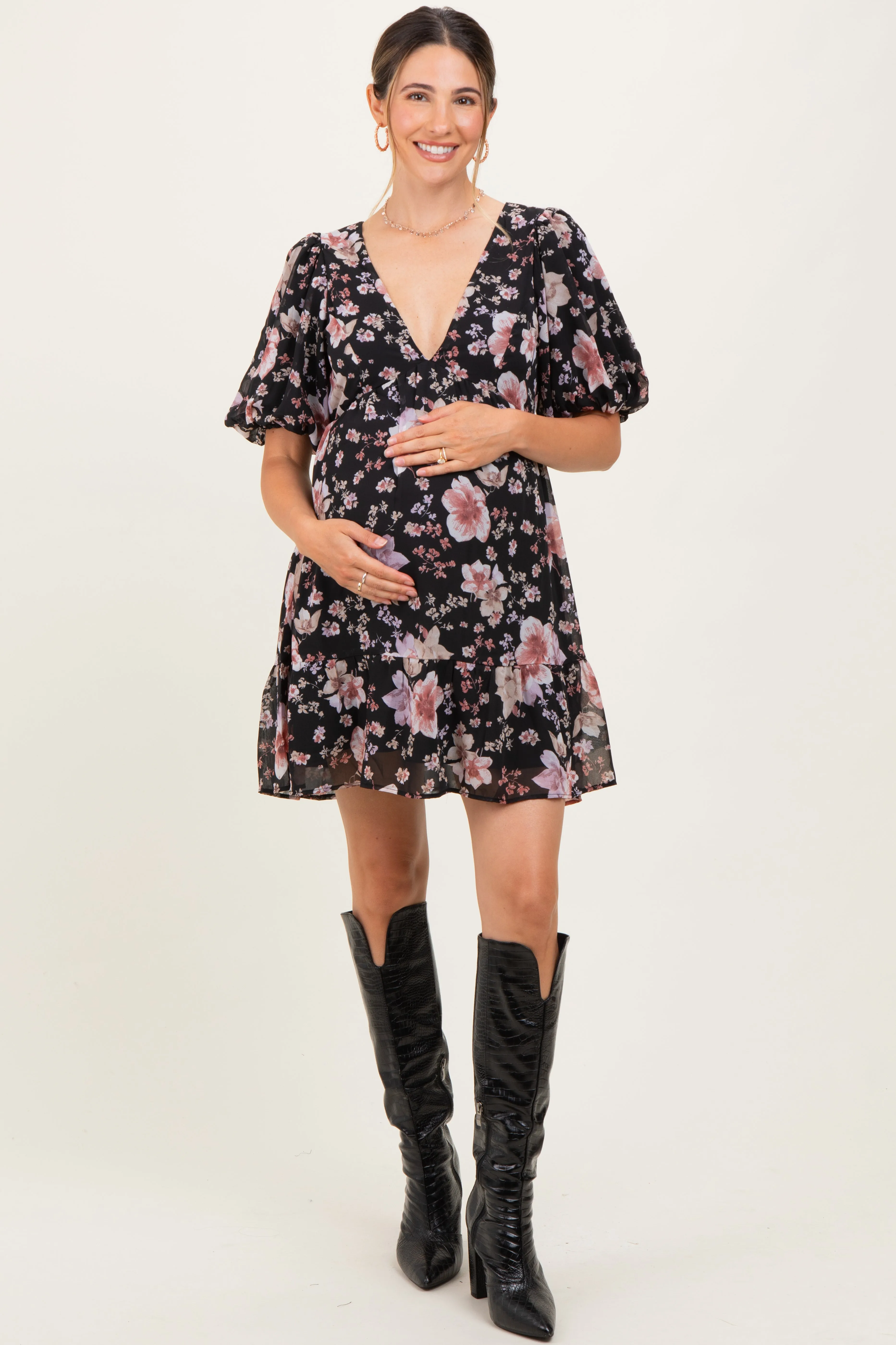 Black Floral V-Neck Puffed Sleeve Maternity Mini Dress sold by Pinkblush