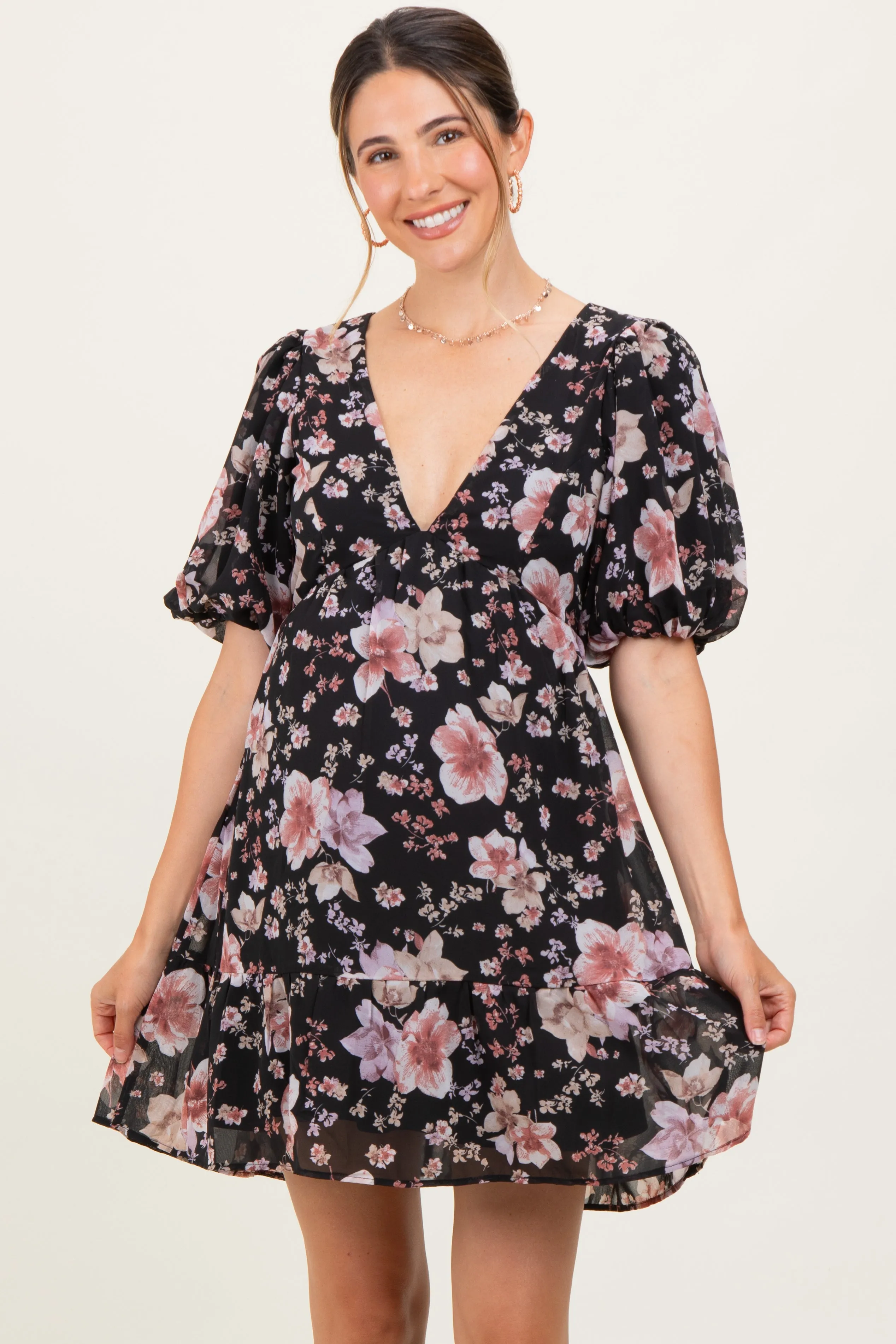 Black Floral V-Neck Puffed Sleeve Maternity Mini Dress sold by Pinkblush product image thumbnail 2