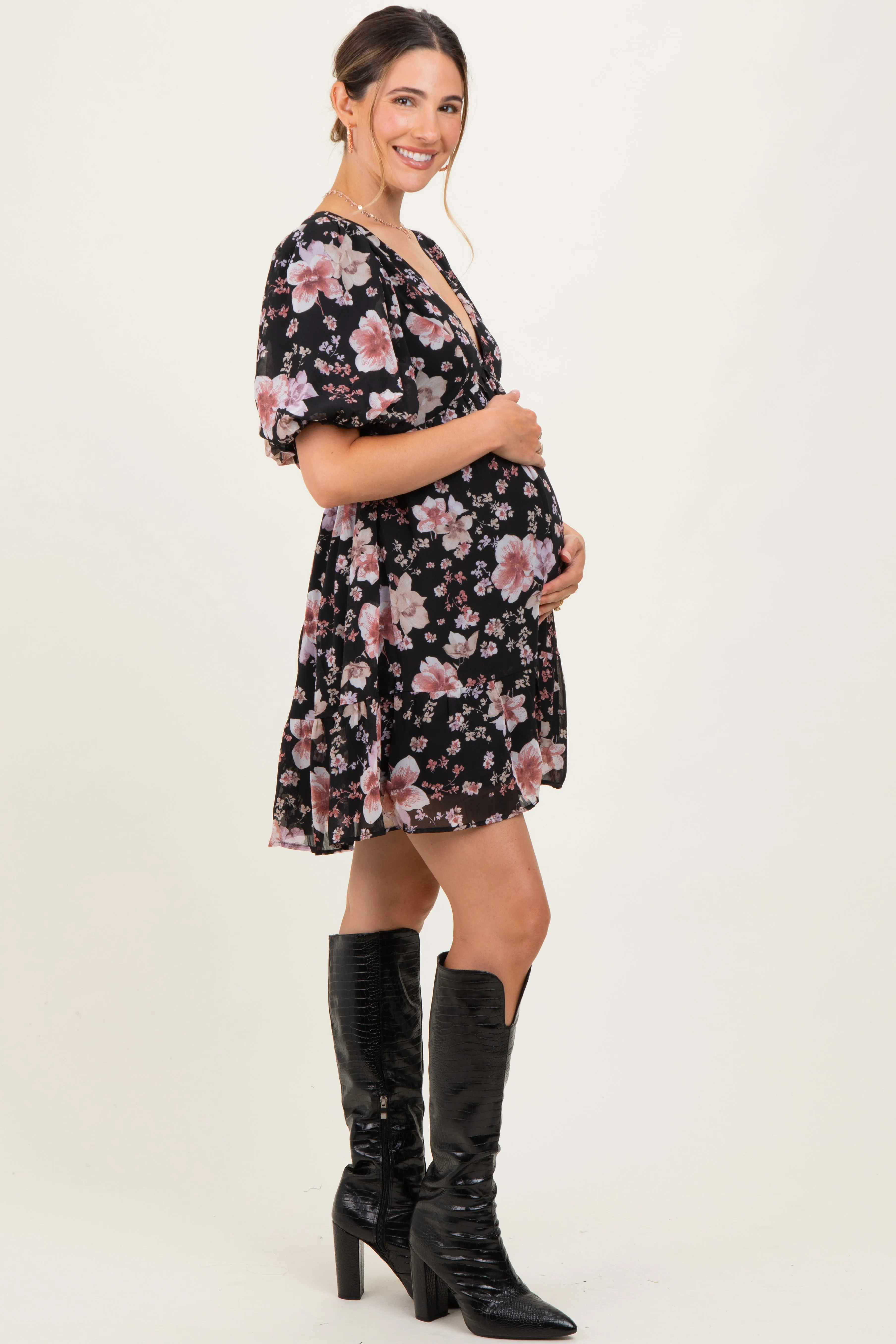 Black Floral V-Neck Puffed Sleeve Maternity Mini Dress sold by Pinkblush product image thumbnail 3