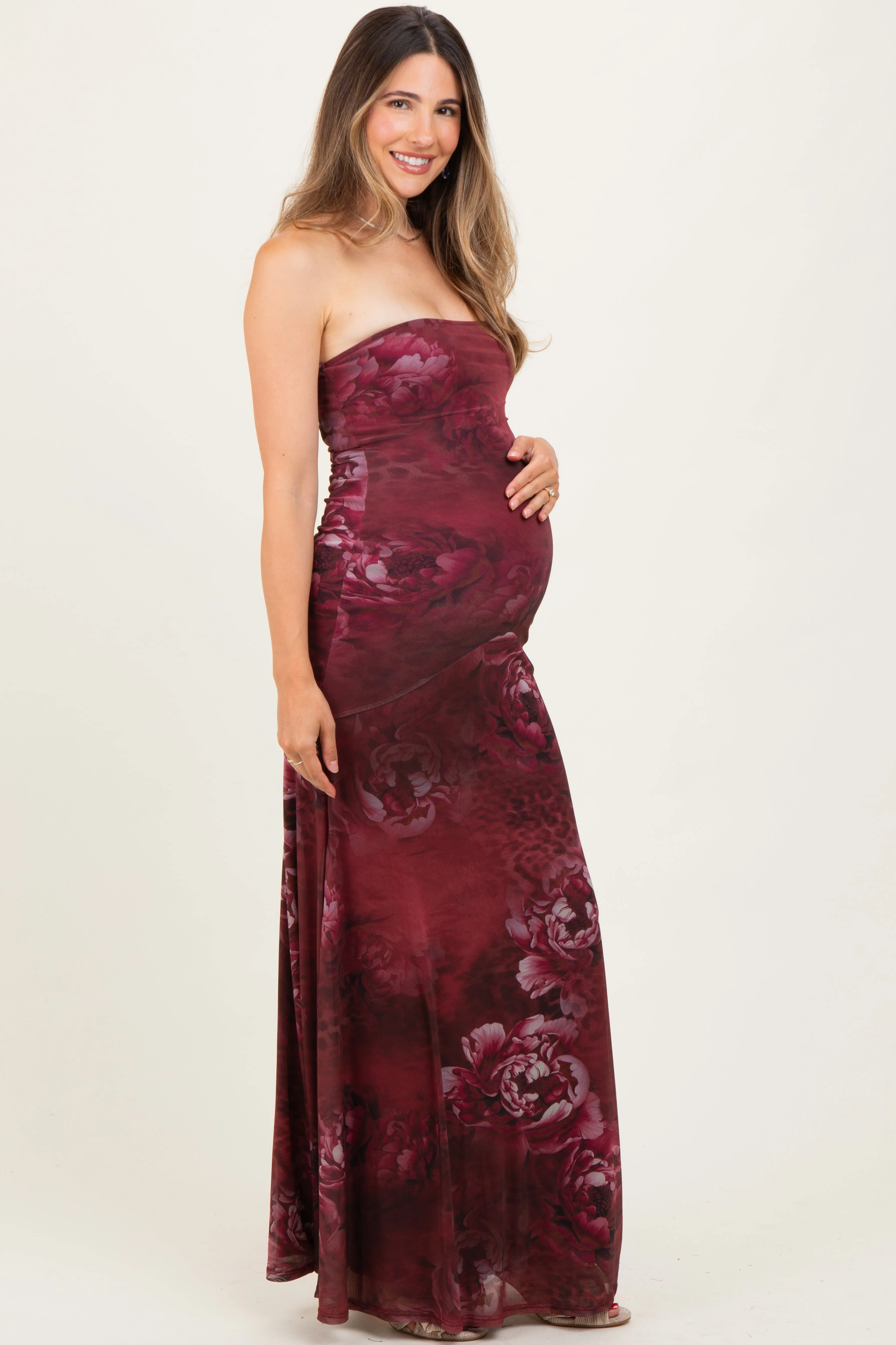 Burgundy Floral Strapless Maternity Maxi Dress sold by Pinkblush