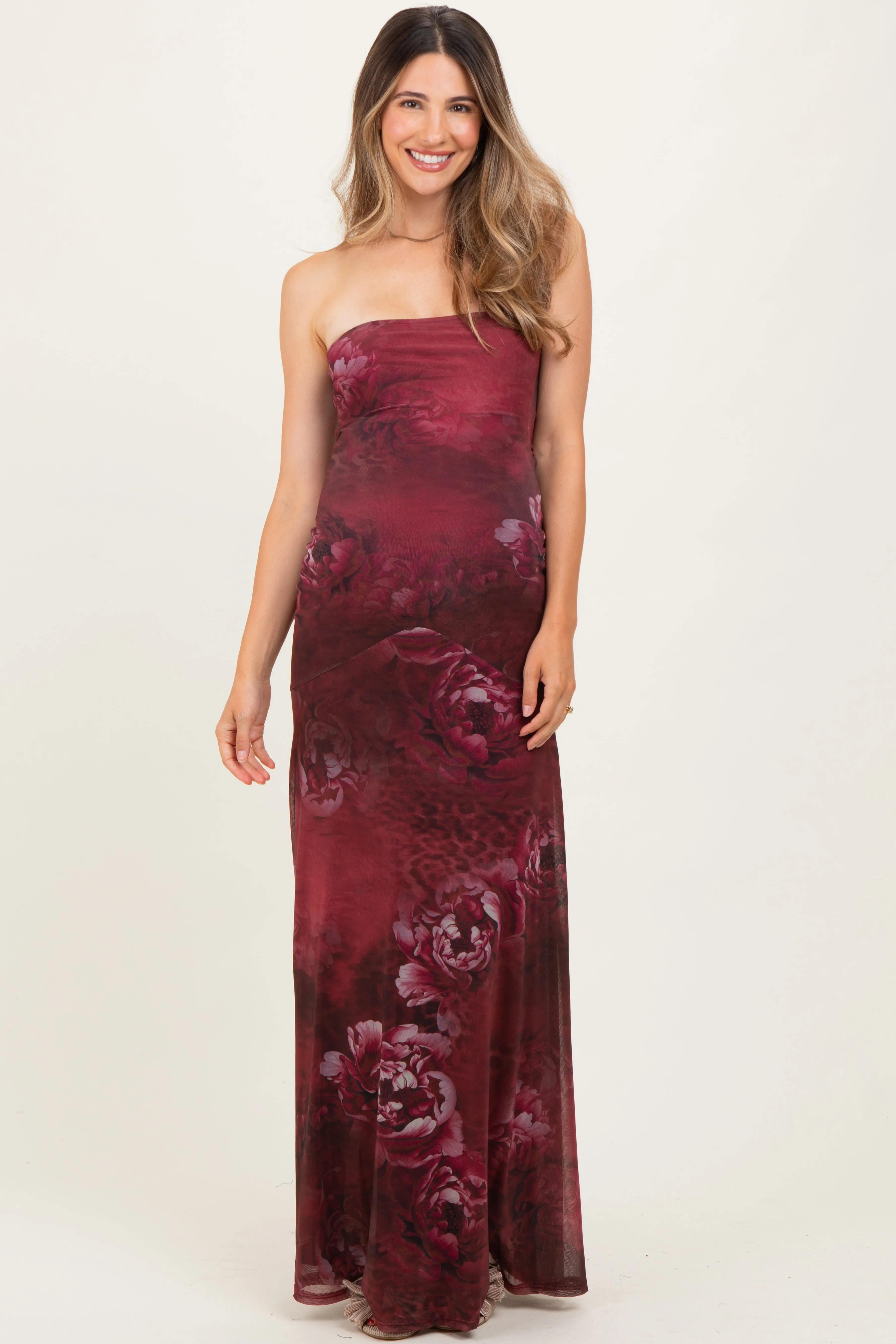 Burgundy Floral Strapless Maternity Maxi Dress sold by Pinkblush product image thumbnail 2