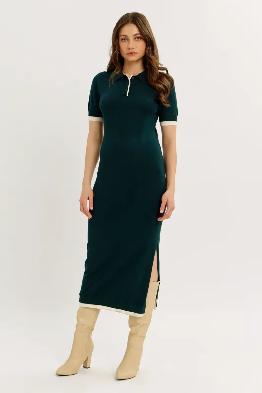 Dark Green Sweater Side Slit Midi Dress sold by Pinkblush