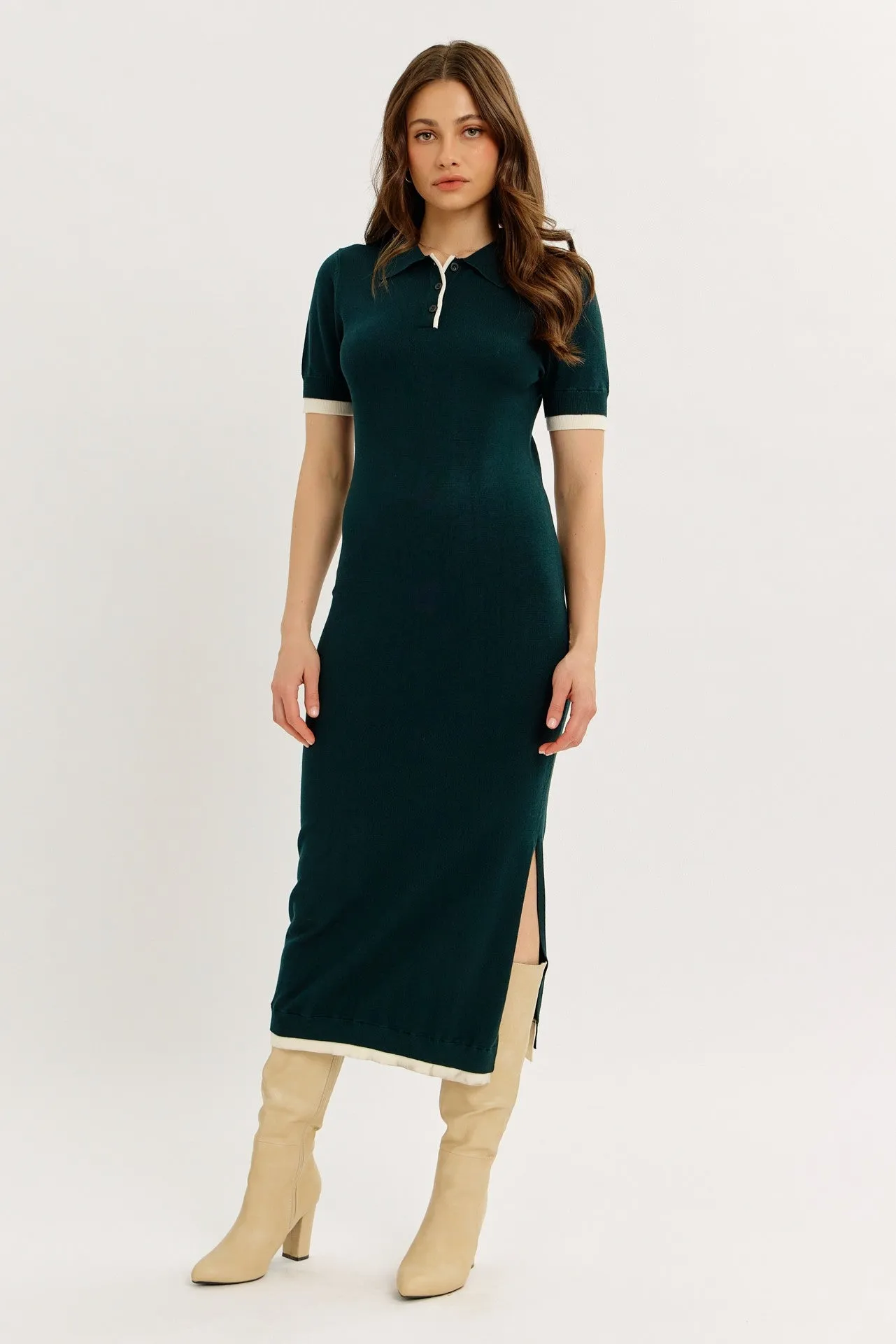 Dark Green Sweater Side Slit Midi Dress sold by Pinkblush