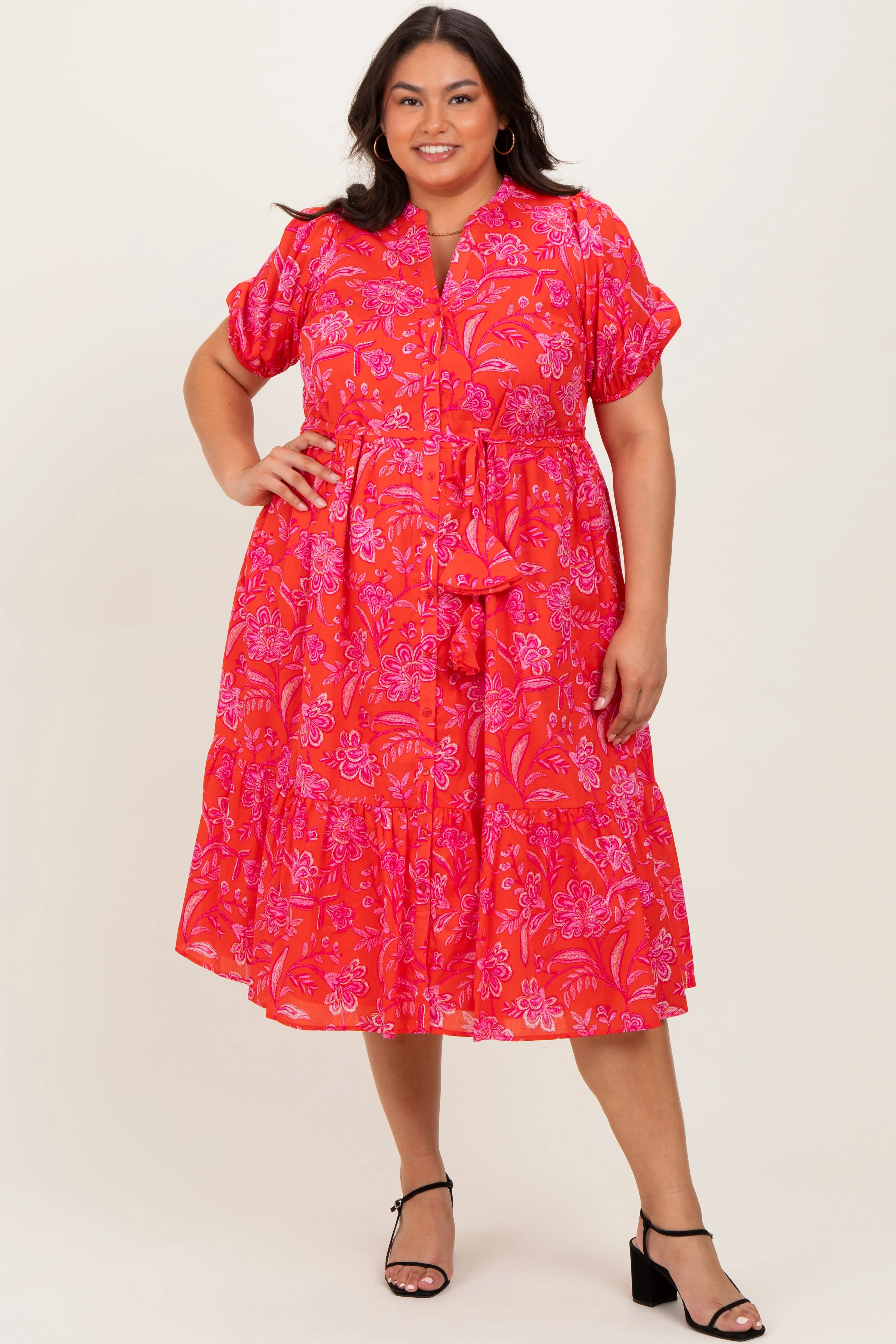 Red Floral Button Down Plus Midi Shirt Dress sold by Pinkblush product image thumbnail 2