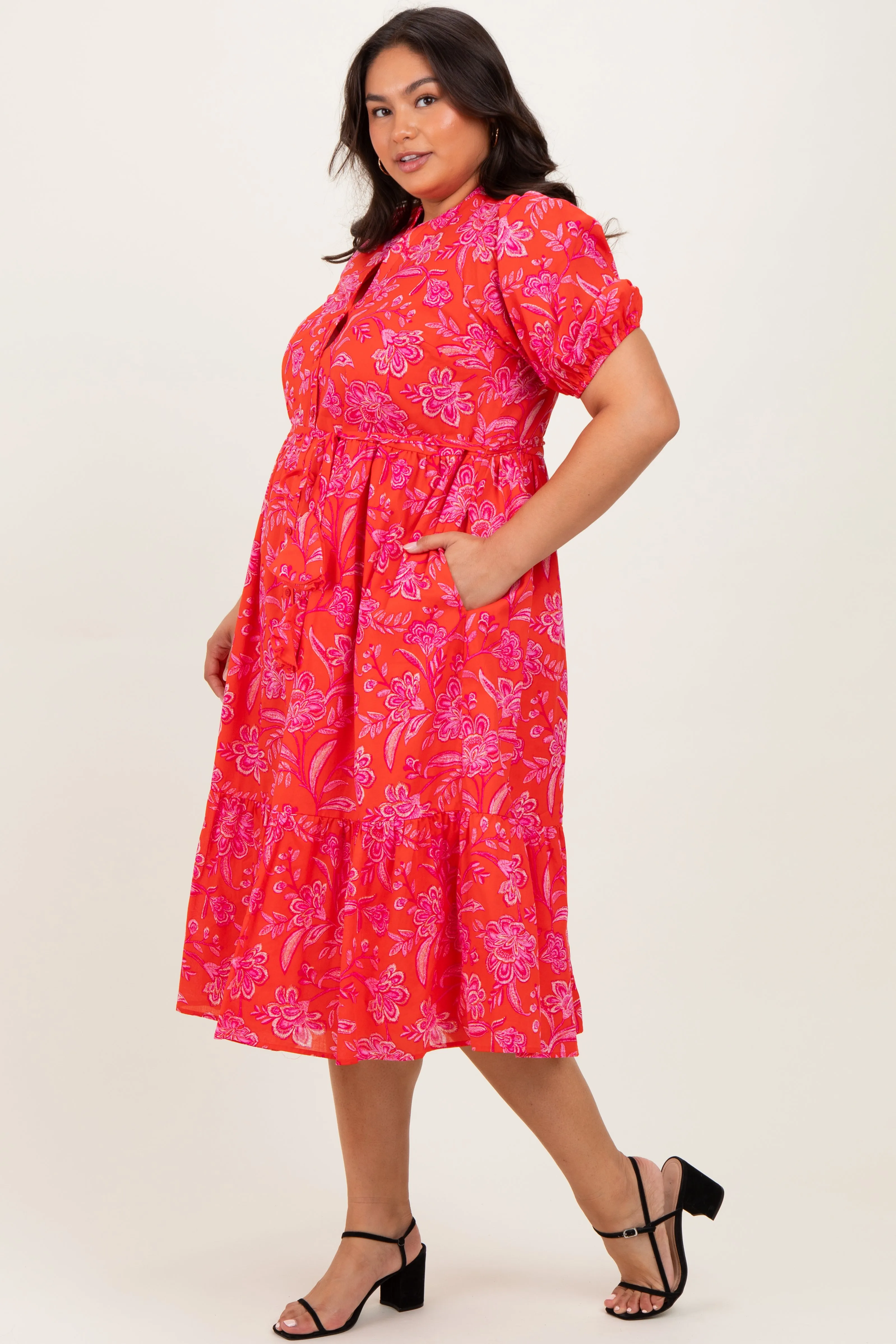 Red Floral Button Down Plus Midi Shirt Dress sold by Pinkblush product image thumbnail 3