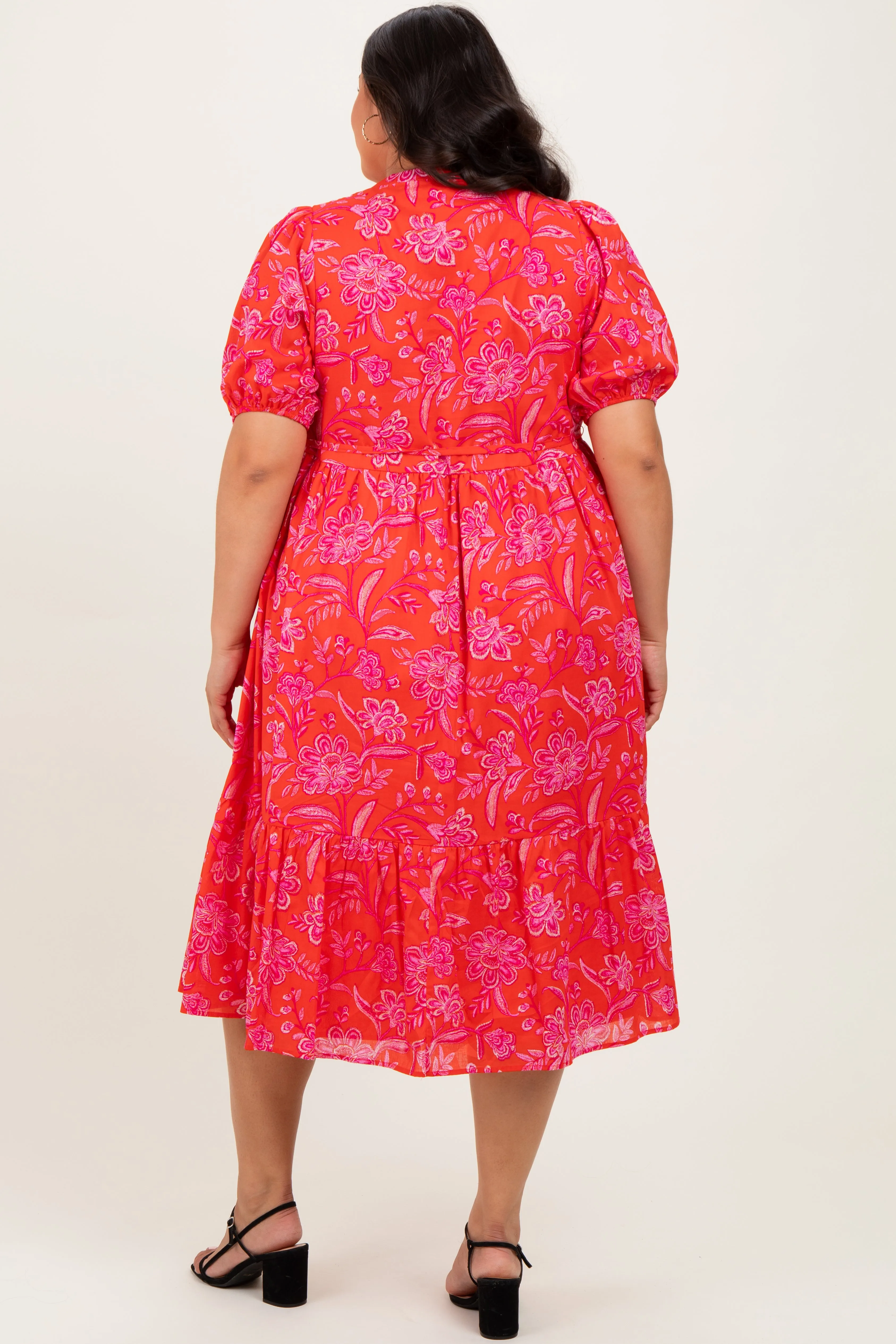 Red Floral Button Down Plus Midi Shirt Dress sold by Pinkblush product image thumbnail 4