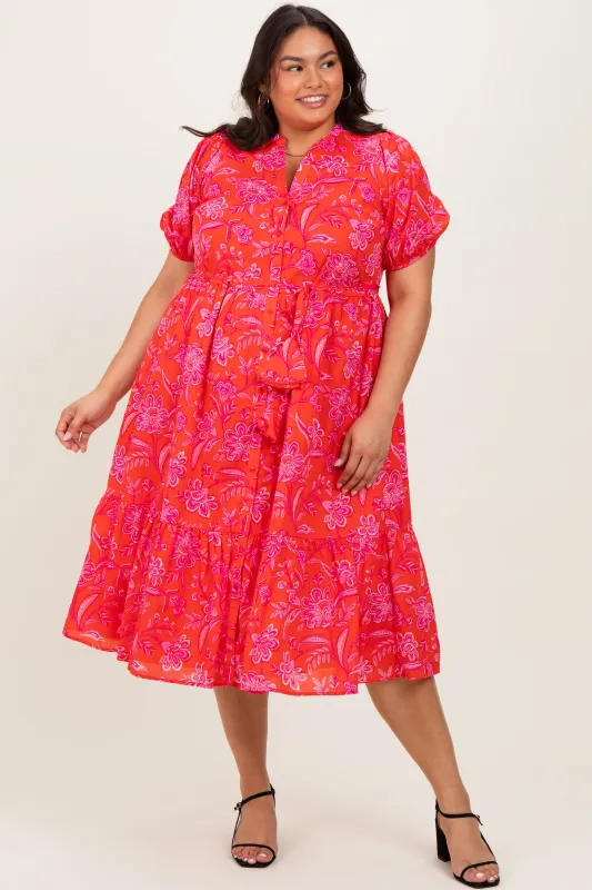 Red Floral Button Down Plus Midi Shirt Dress sold by Pinkblush