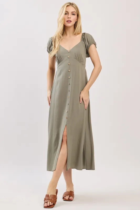 Olive Button Accent Front Slit Midi Dress sold by Pinkblush