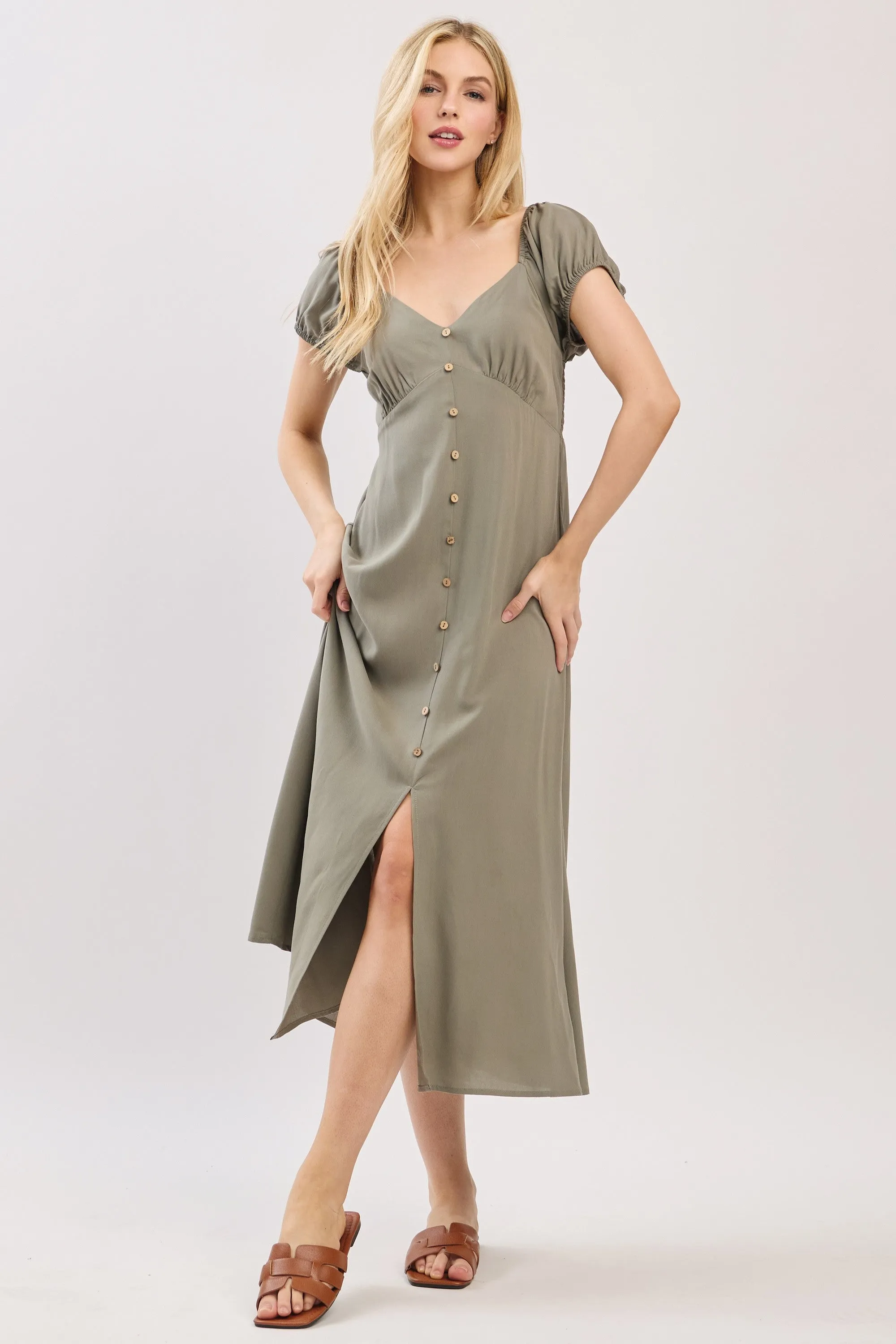 Olive Button Accent Front Slit Midi Dress sold by Pinkblush product image thumbnail 2