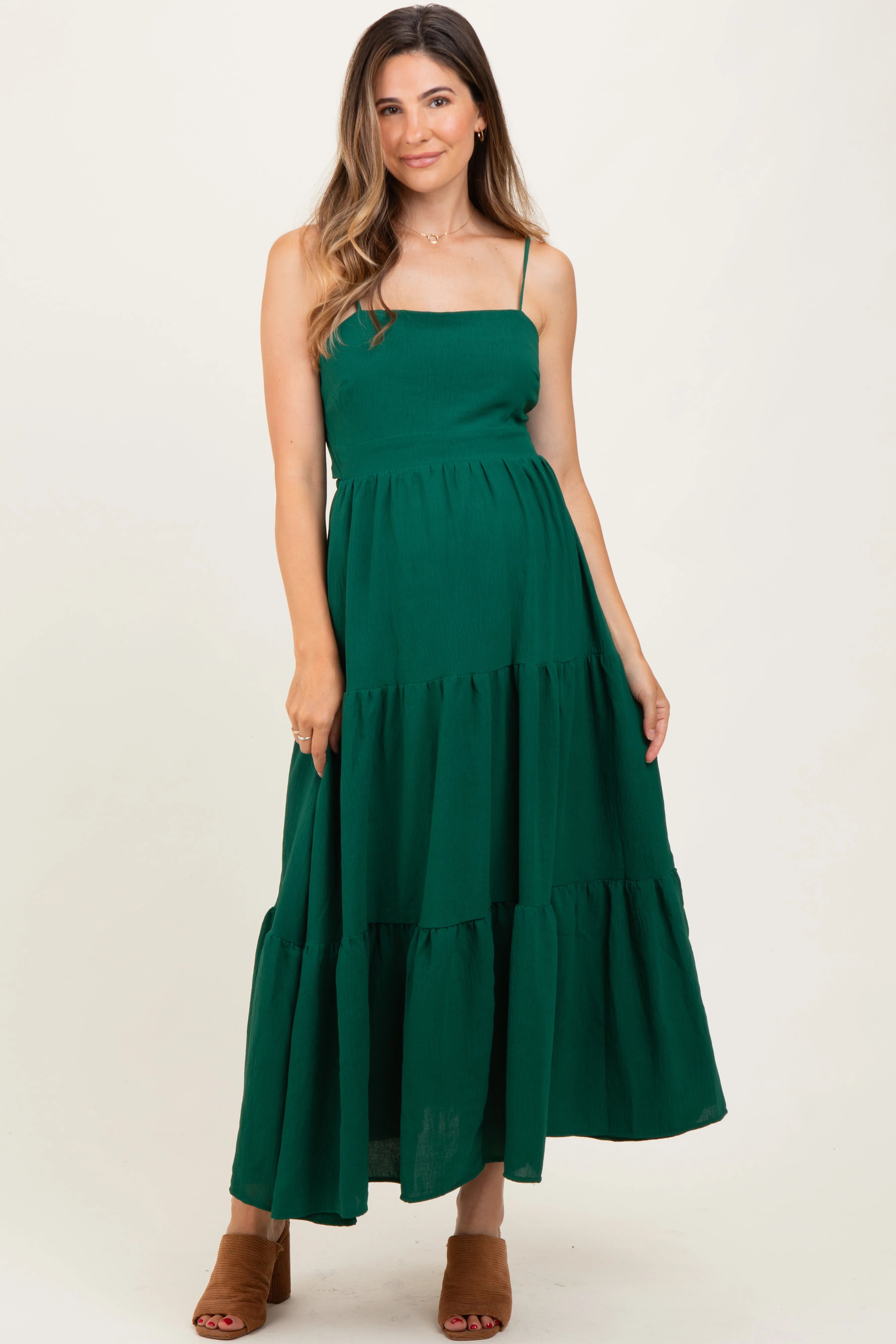 Forest Green Tiered Cutout Tie Back Maternity Midi Dress sold by Pinkblush product image thumbnail 2