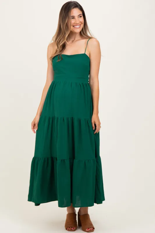 Forest Green Tiered Cutout Tie Back Maternity Midi Dress sold by Pinkblush