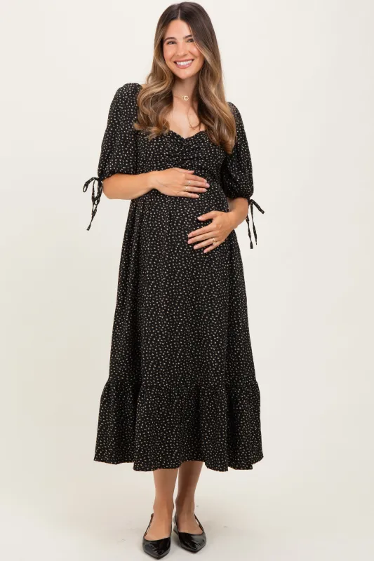 Black Floral Tie Sleeve Maternity Midi Dress sold by Pinkblush