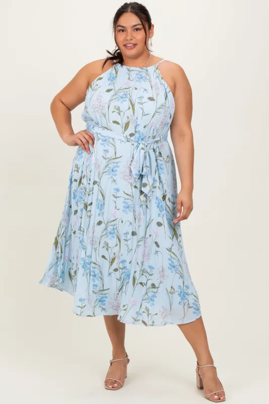 Light Blue Floral Pleated Sleeveless Plus Midi Dress sold by Pinkblush