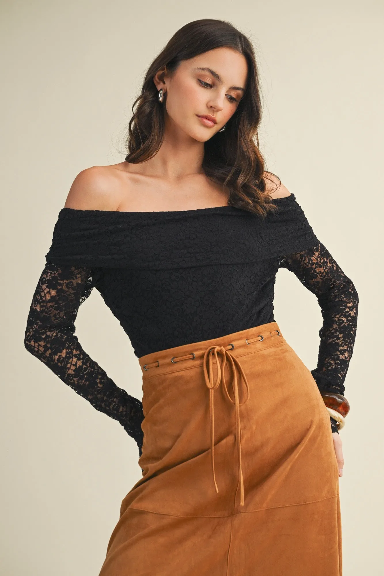 Black Lace Off Shoulder Long Sleeve Top sold by Pinkblush product image thumbnail 2