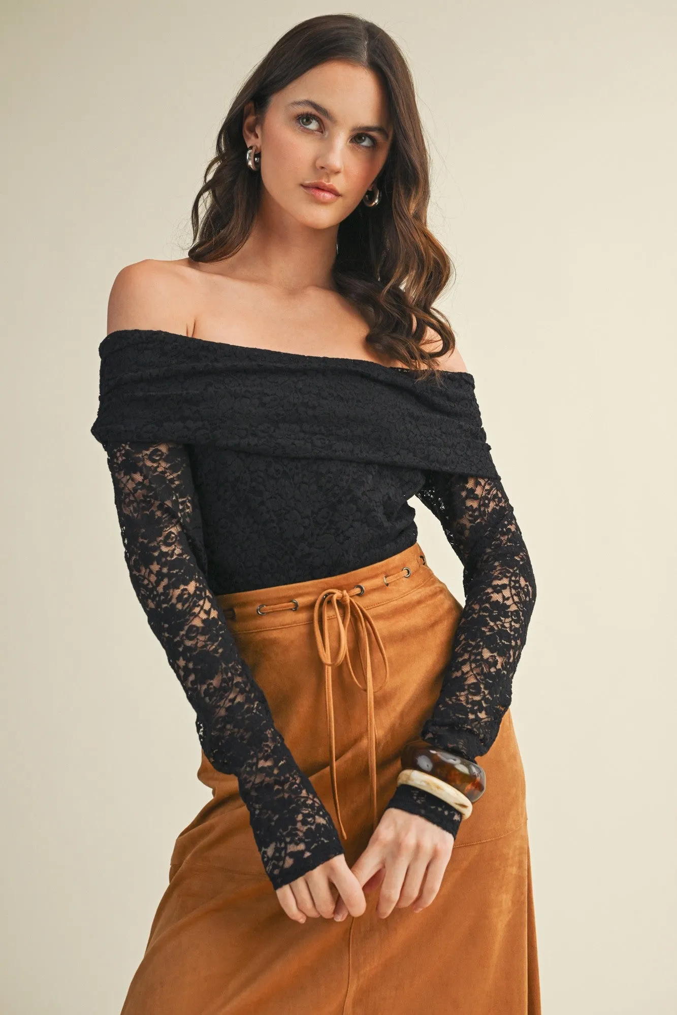 Black Lace Off Shoulder Long Sleeve Top sold by Pinkblush