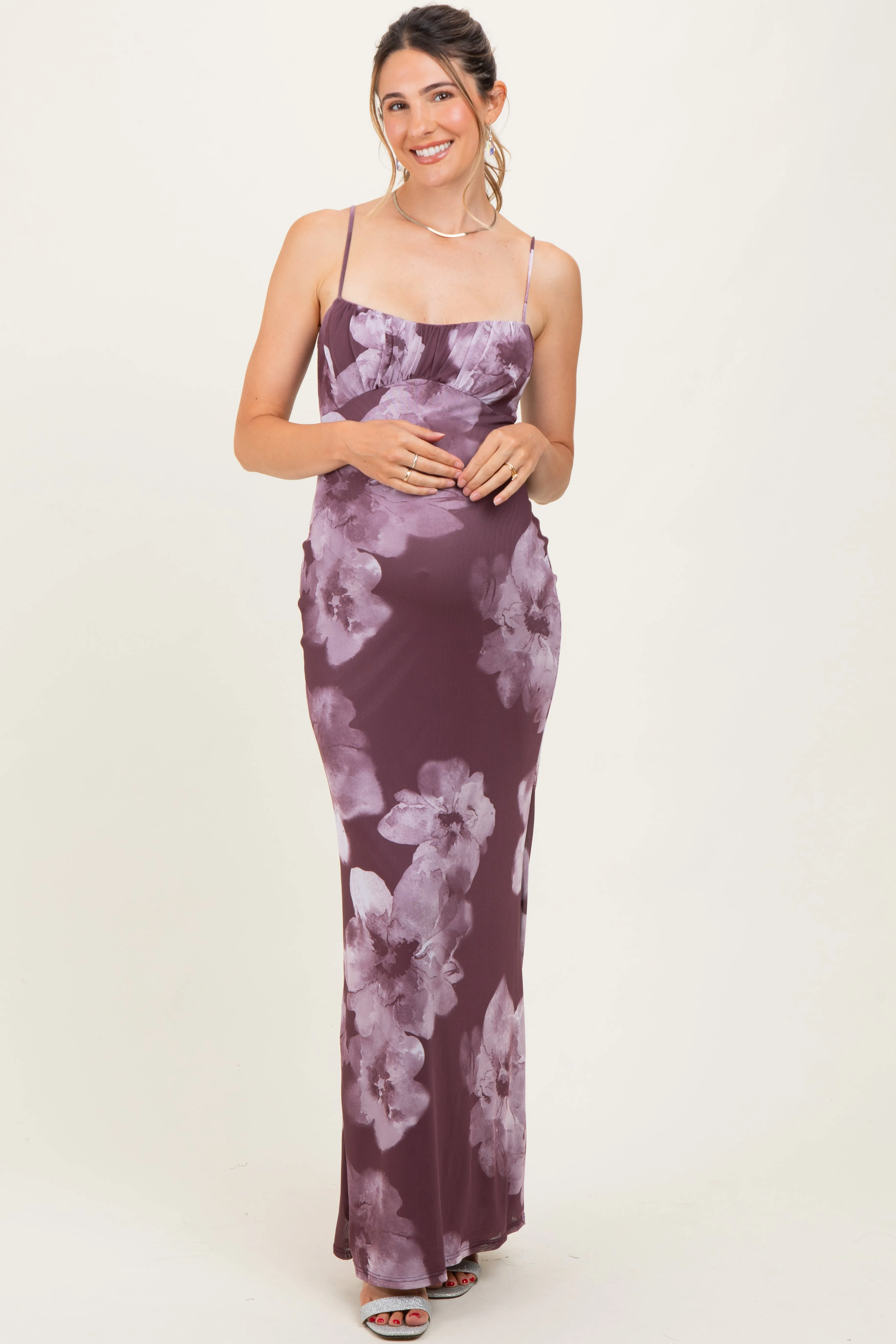 Purple Floral Mesh Sleeveless Cutout Maternity Maxi Dress sold by Pinkblush product image thumbnail 2