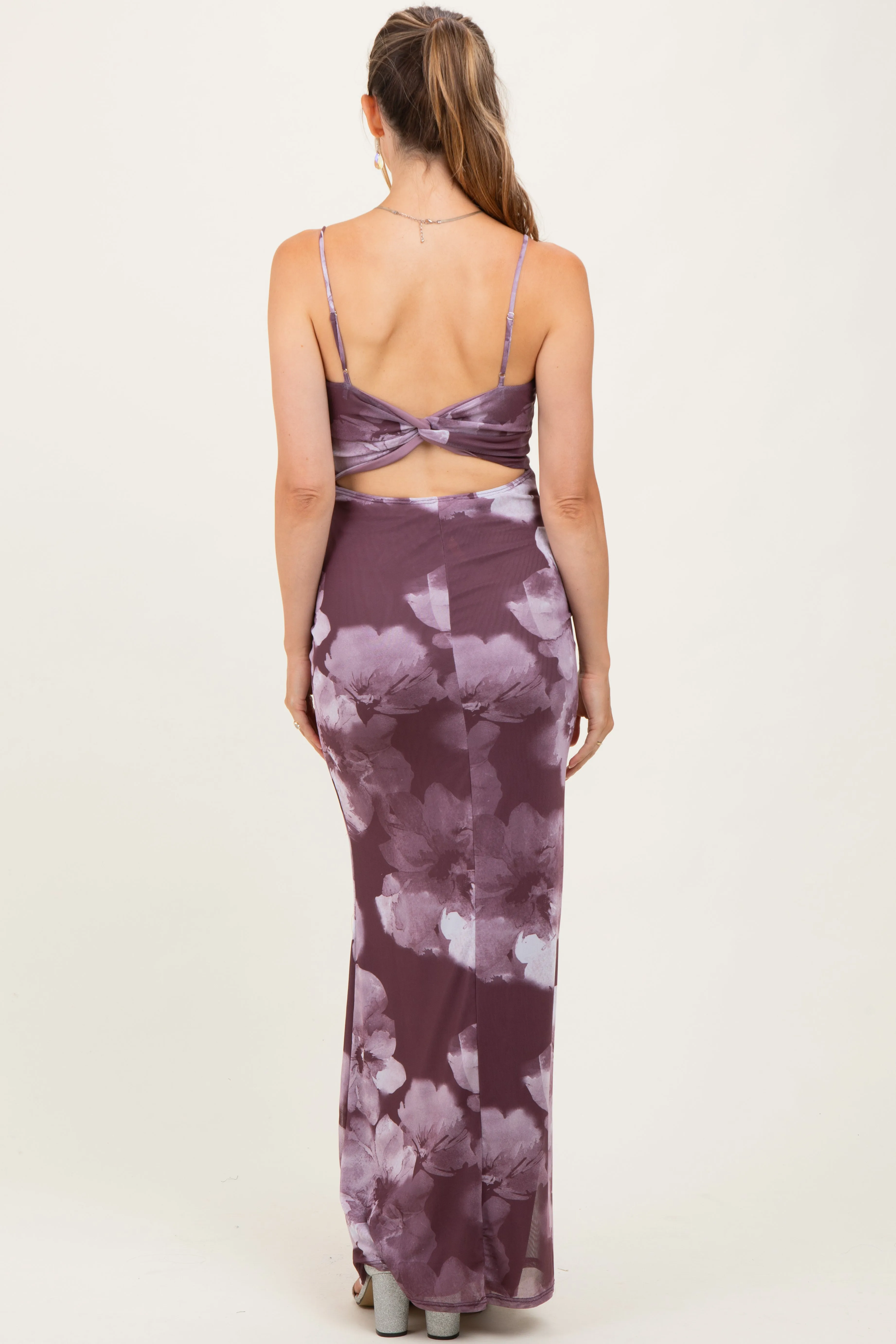 Purple Floral Mesh Sleeveless Cutout Maternity Maxi Dress sold by Pinkblush product image thumbnail 4