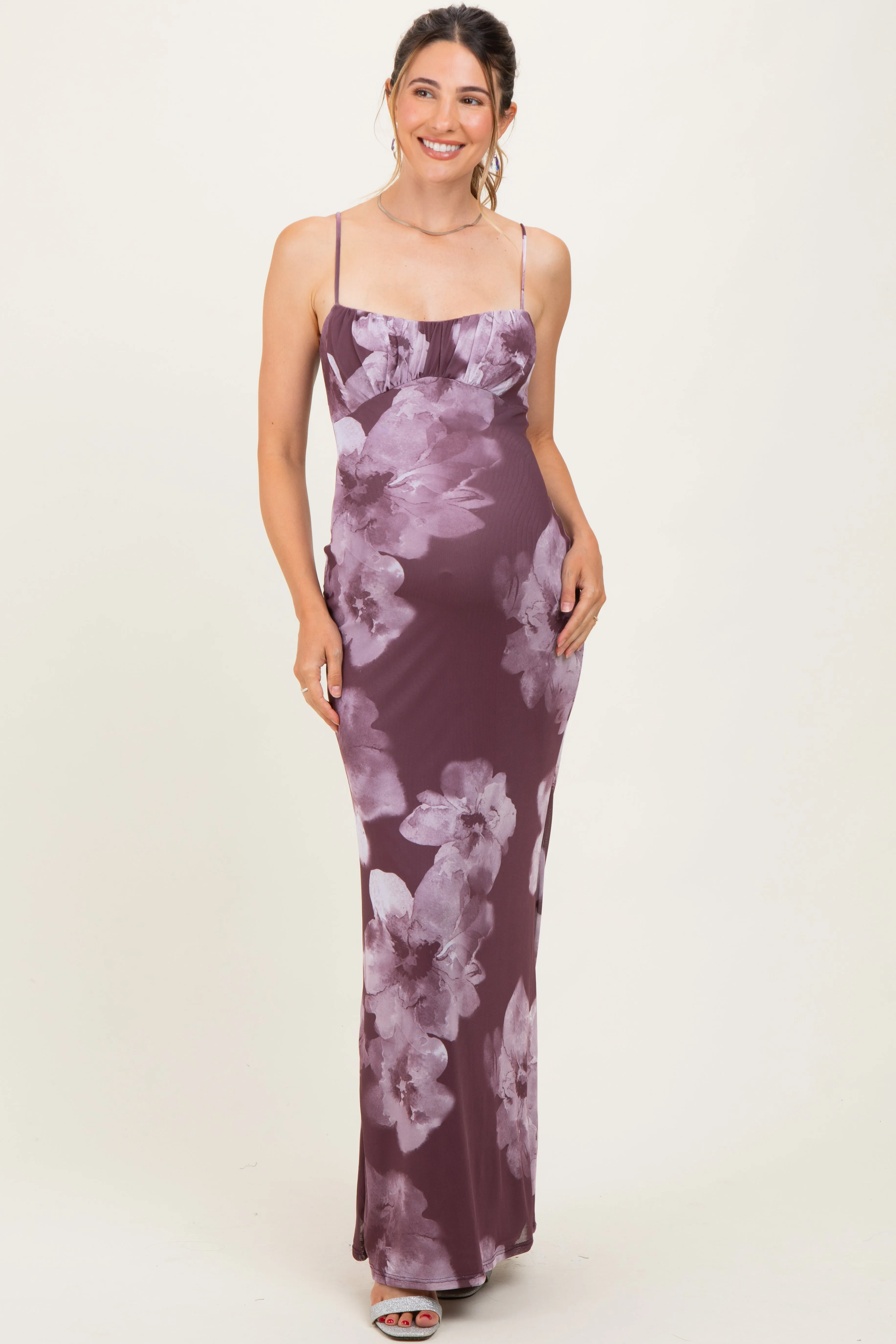 Purple Floral Mesh Sleeveless Cutout Maternity Maxi Dress sold by Pinkblush