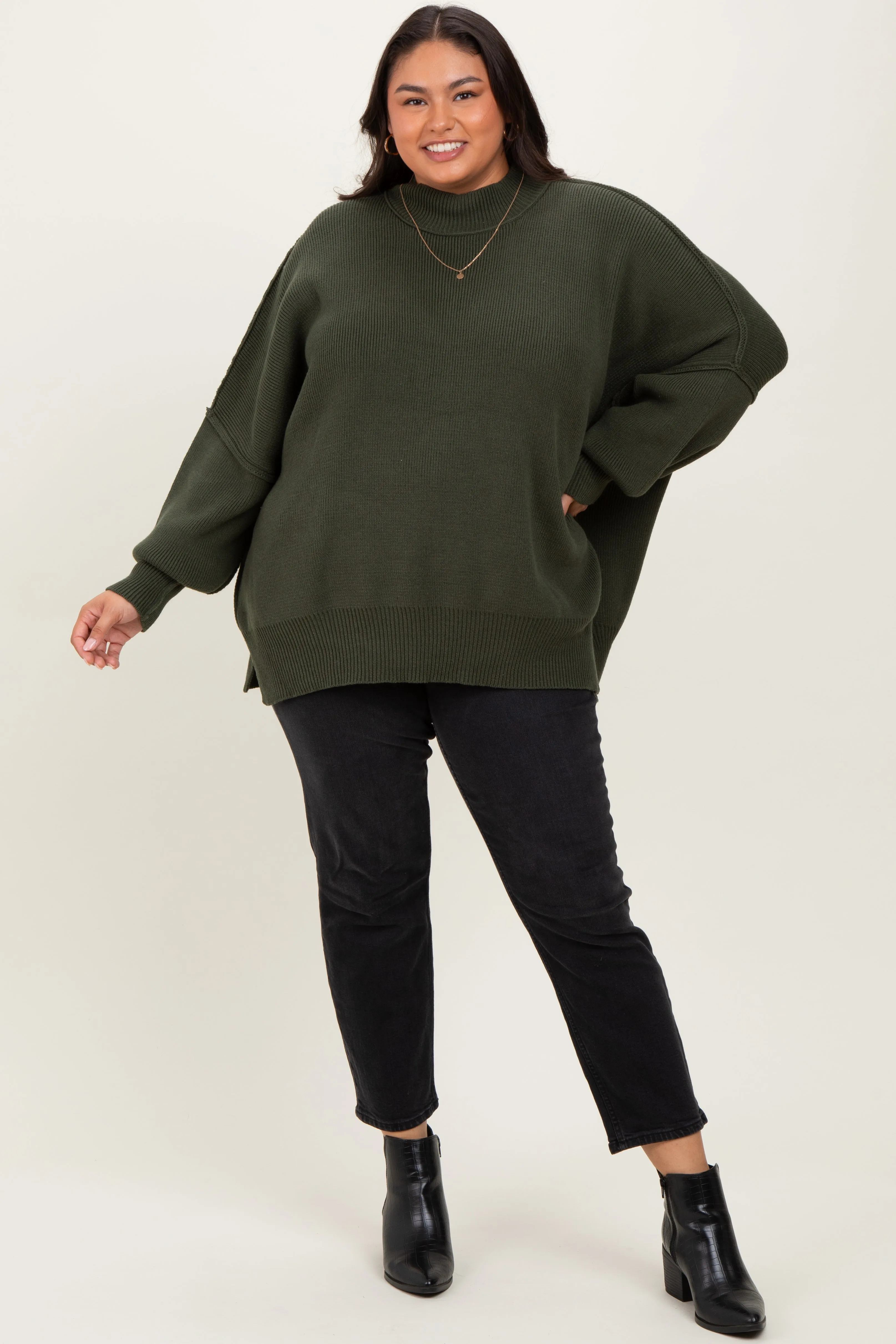 Olive Mock Neck Exposed Seam Sweater sold by Pinkblush product image thumbnail 2