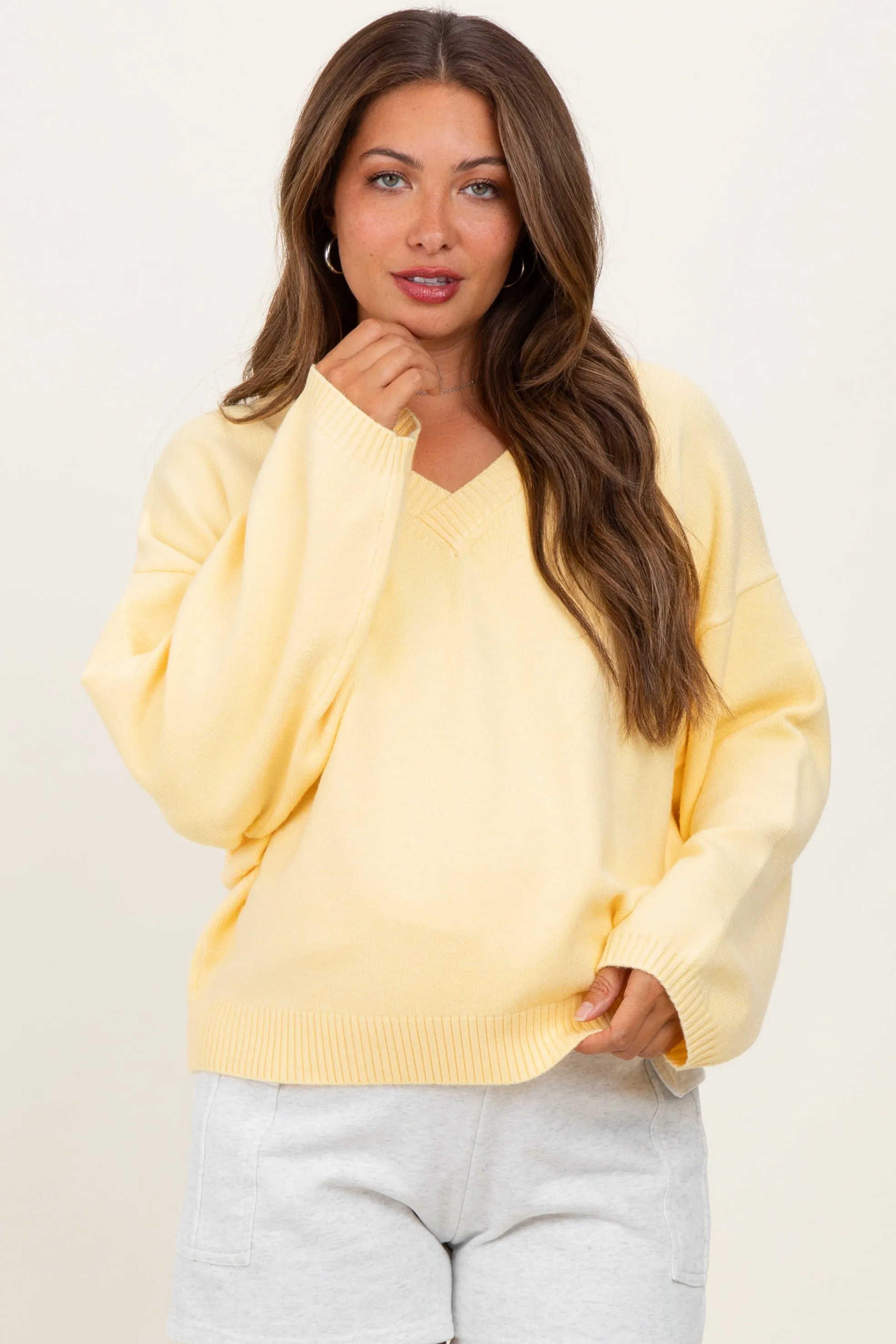 Light Yellow V-Neck Drop Shoulder Maternity Sweater sold by Pinkblush product image thumbnail 2