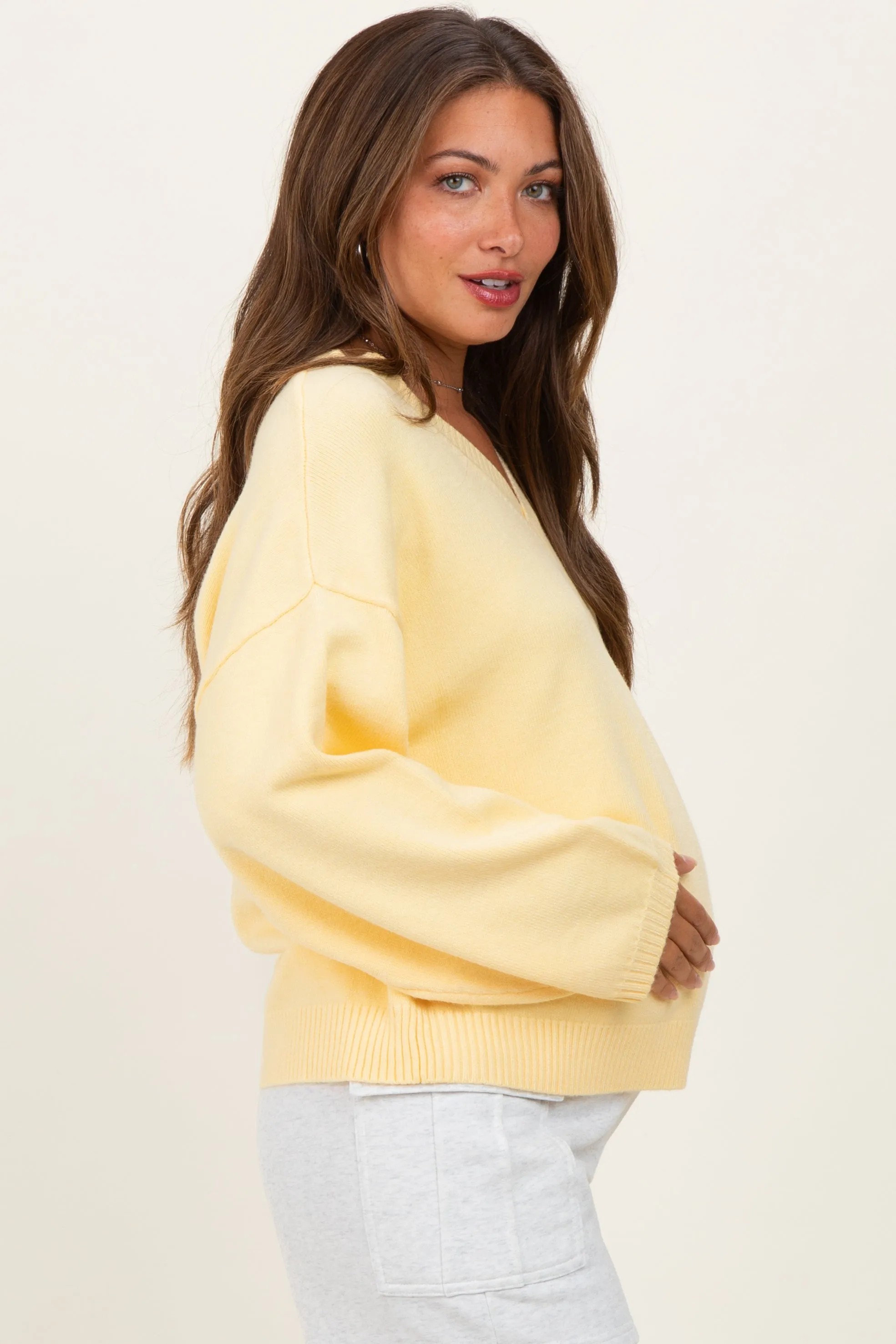 Light Yellow V-Neck Drop Shoulder Maternity Sweater sold by Pinkblush product image thumbnail 4