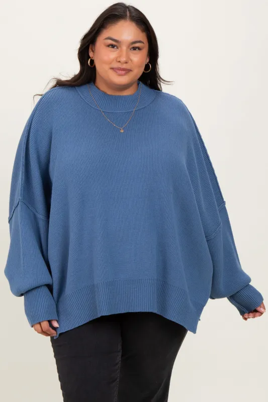 Blue Mock Neck Exposed Seam Sweater sold by Pinkblush