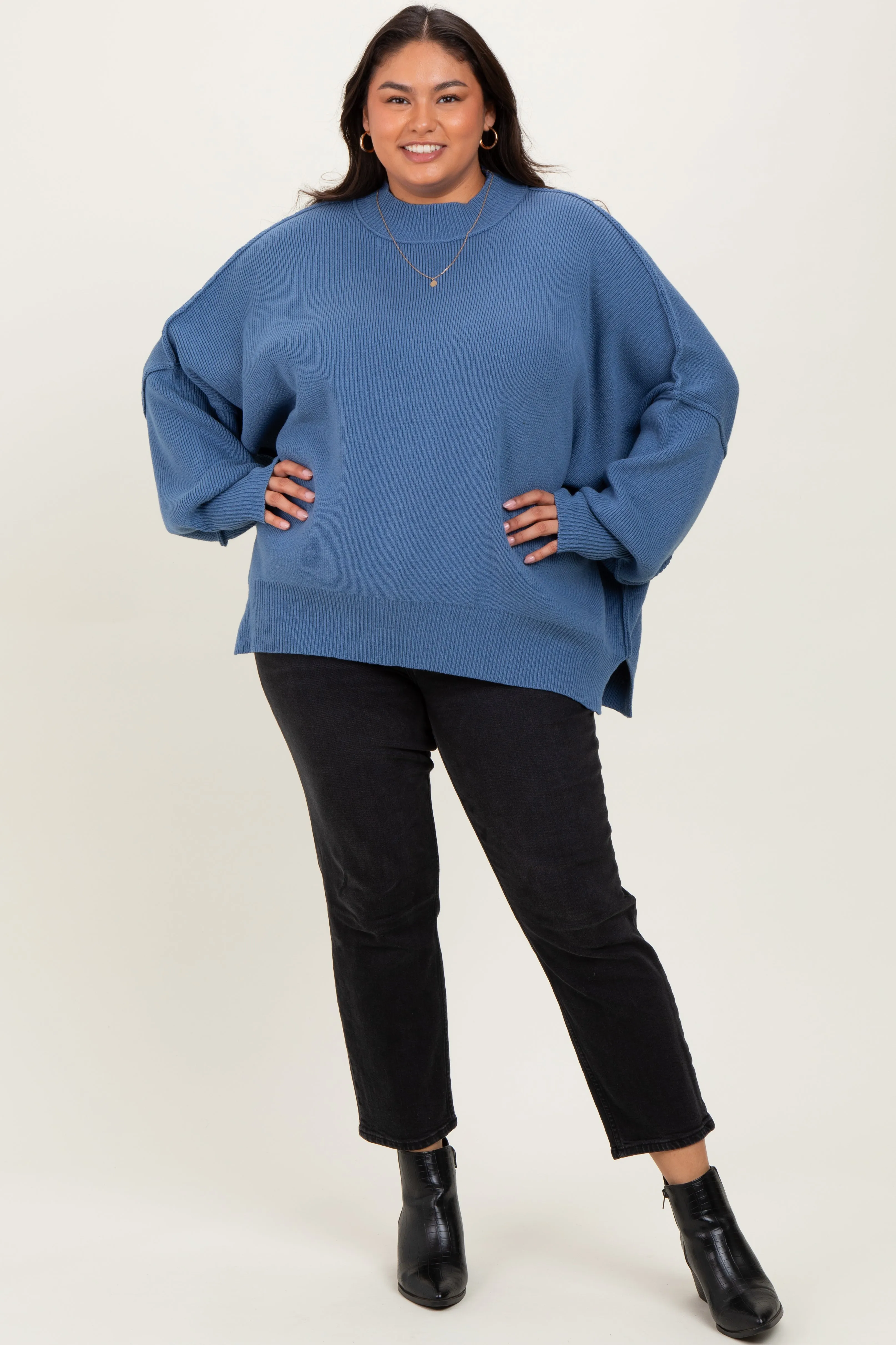 Blue Mock Neck Exposed Seam Sweater sold by Pinkblush product image thumbnail 2