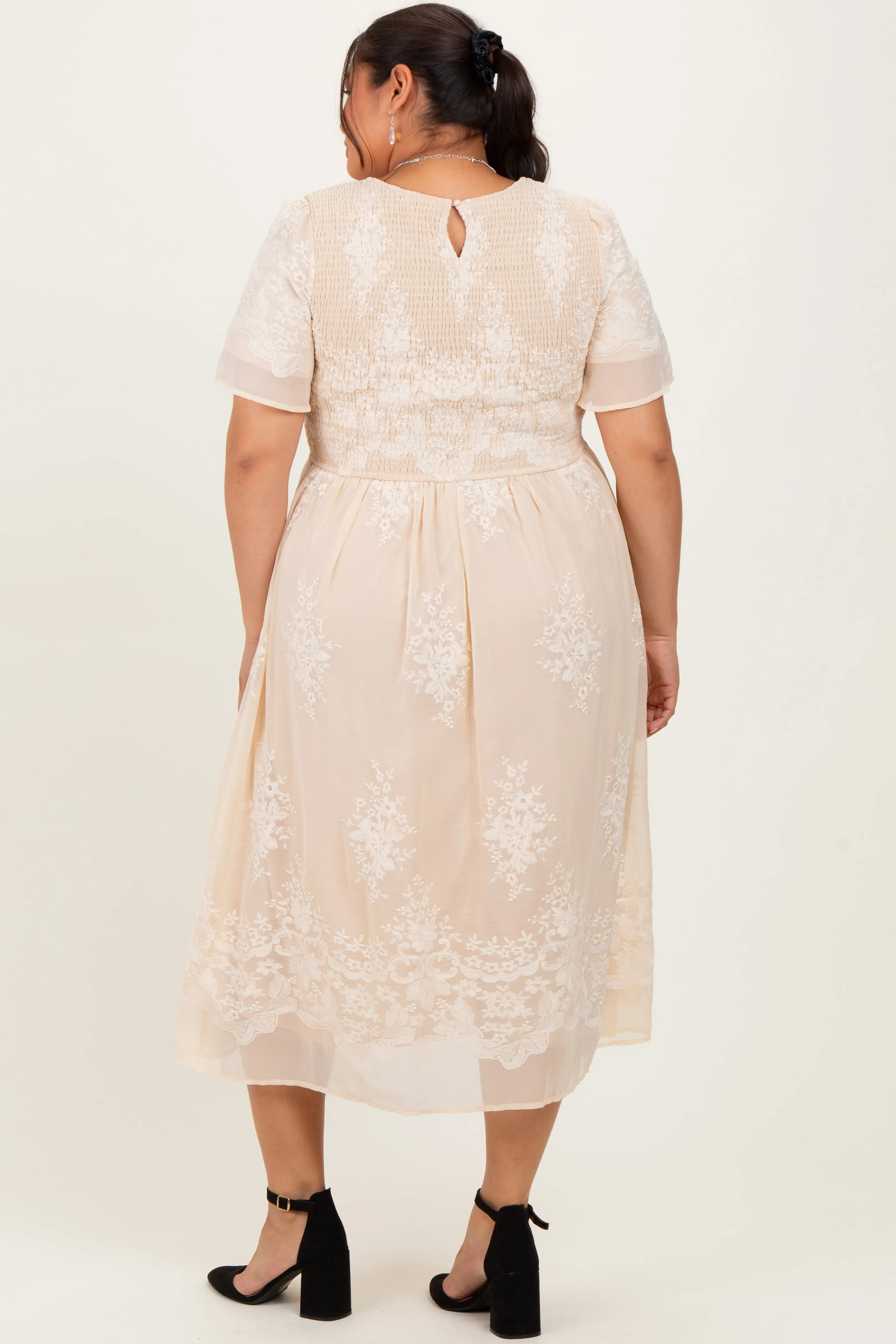 Cream Embroidered Smocked Plus Midi Dress sold by Pinkblush product image thumbnail 4