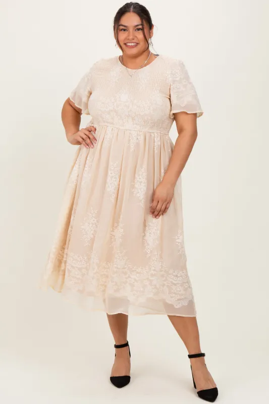 Cream Embroidered Smocked Plus Midi Dress sold by Pinkblush
