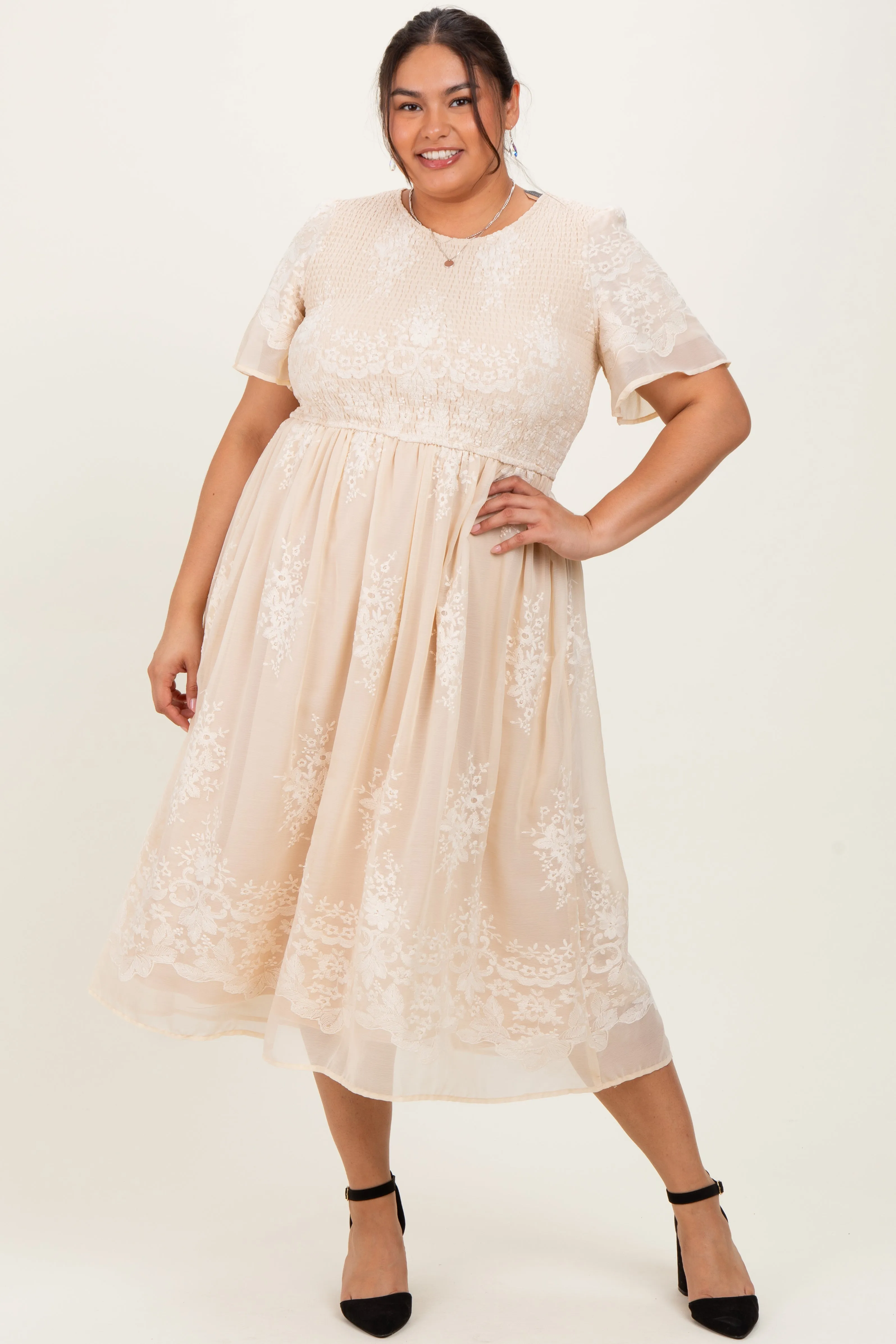 Cream Embroidered Smocked Plus Midi Dress sold by Pinkblush product image thumbnail 2