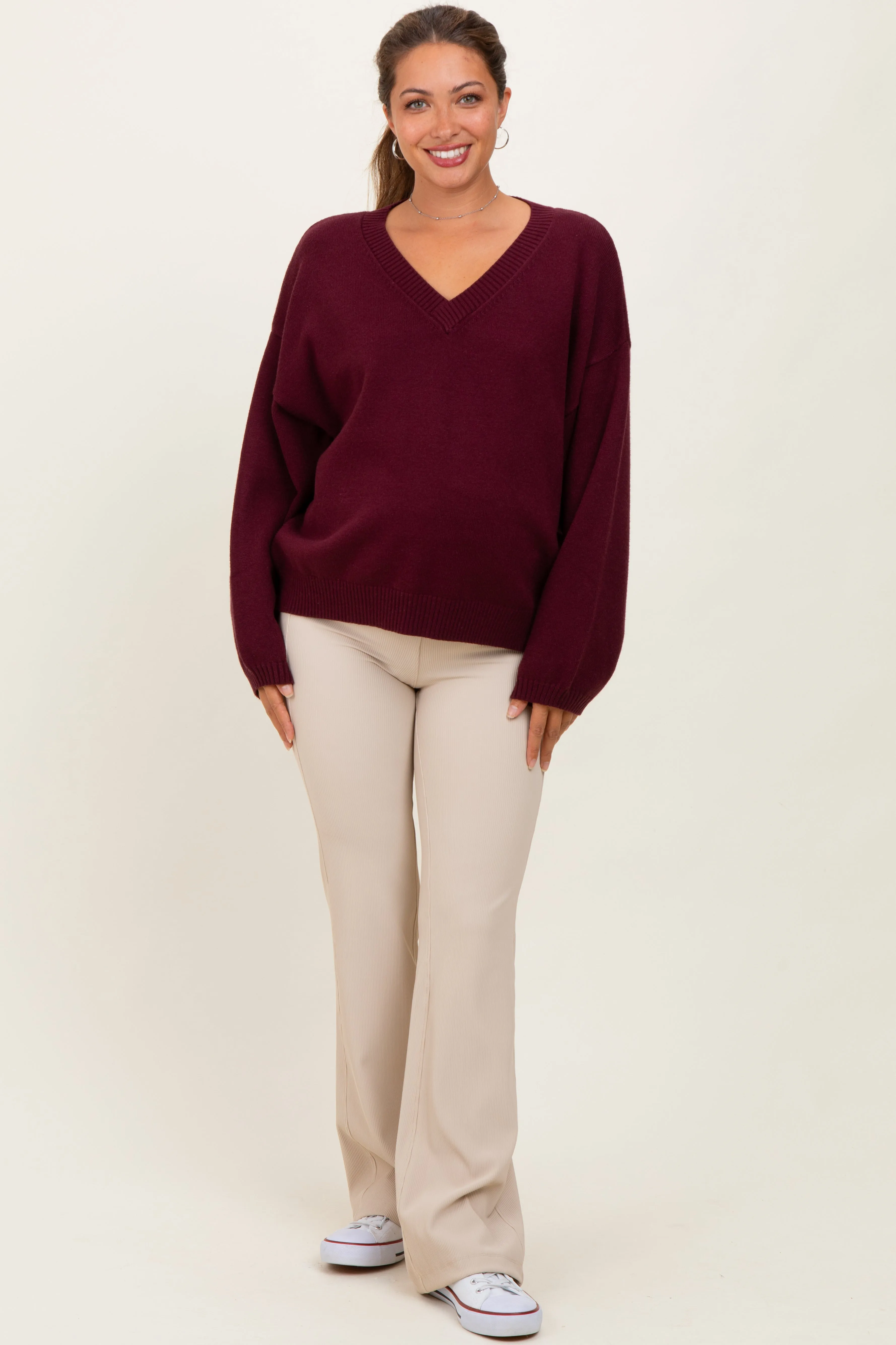 Burgundy V-Neck Drop Shoulder Sweater sold by Pinkblush product image thumbnail 3