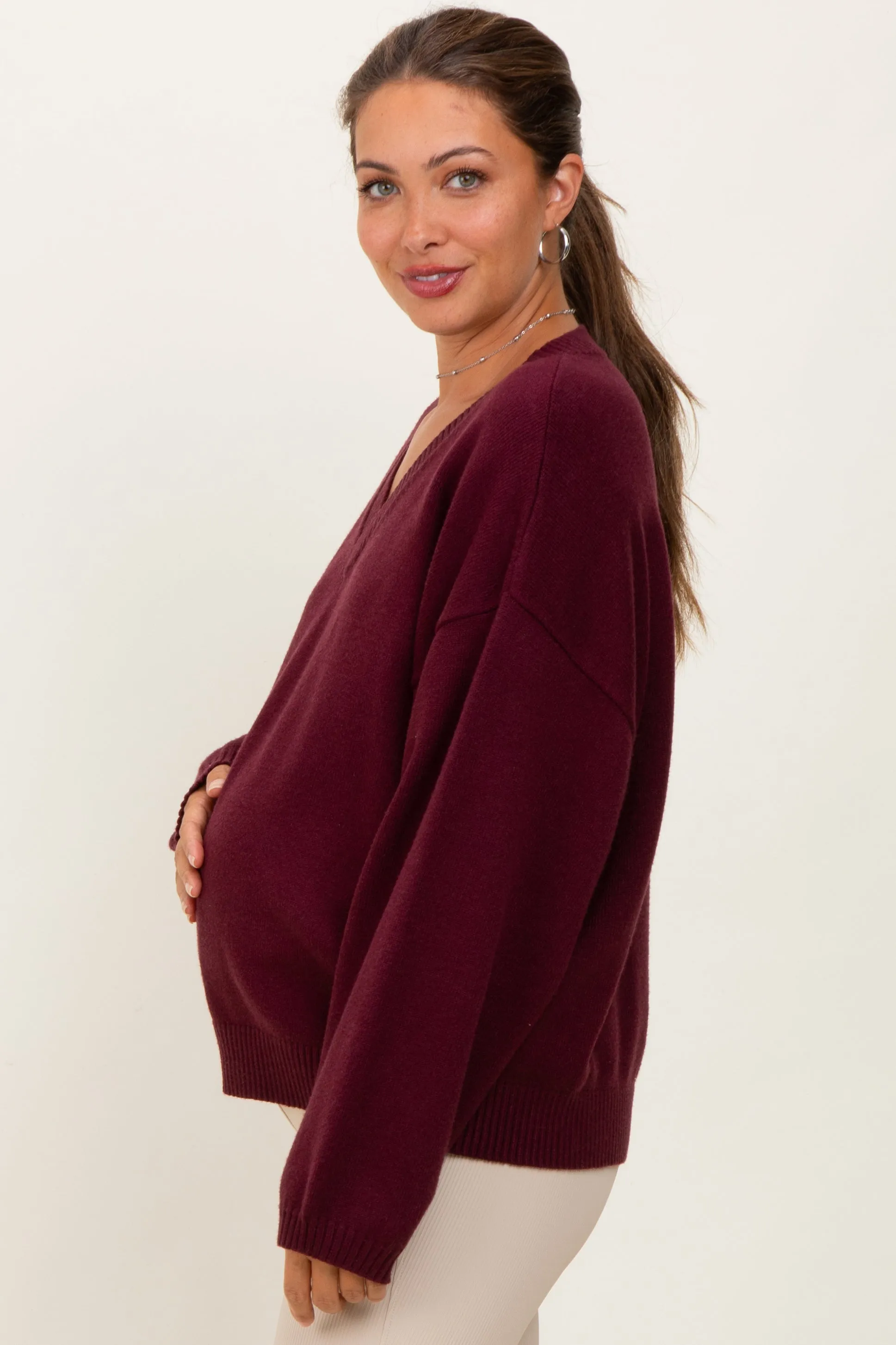 Burgundy V-Neck Drop Shoulder Sweater sold by Pinkblush product image thumbnail 4