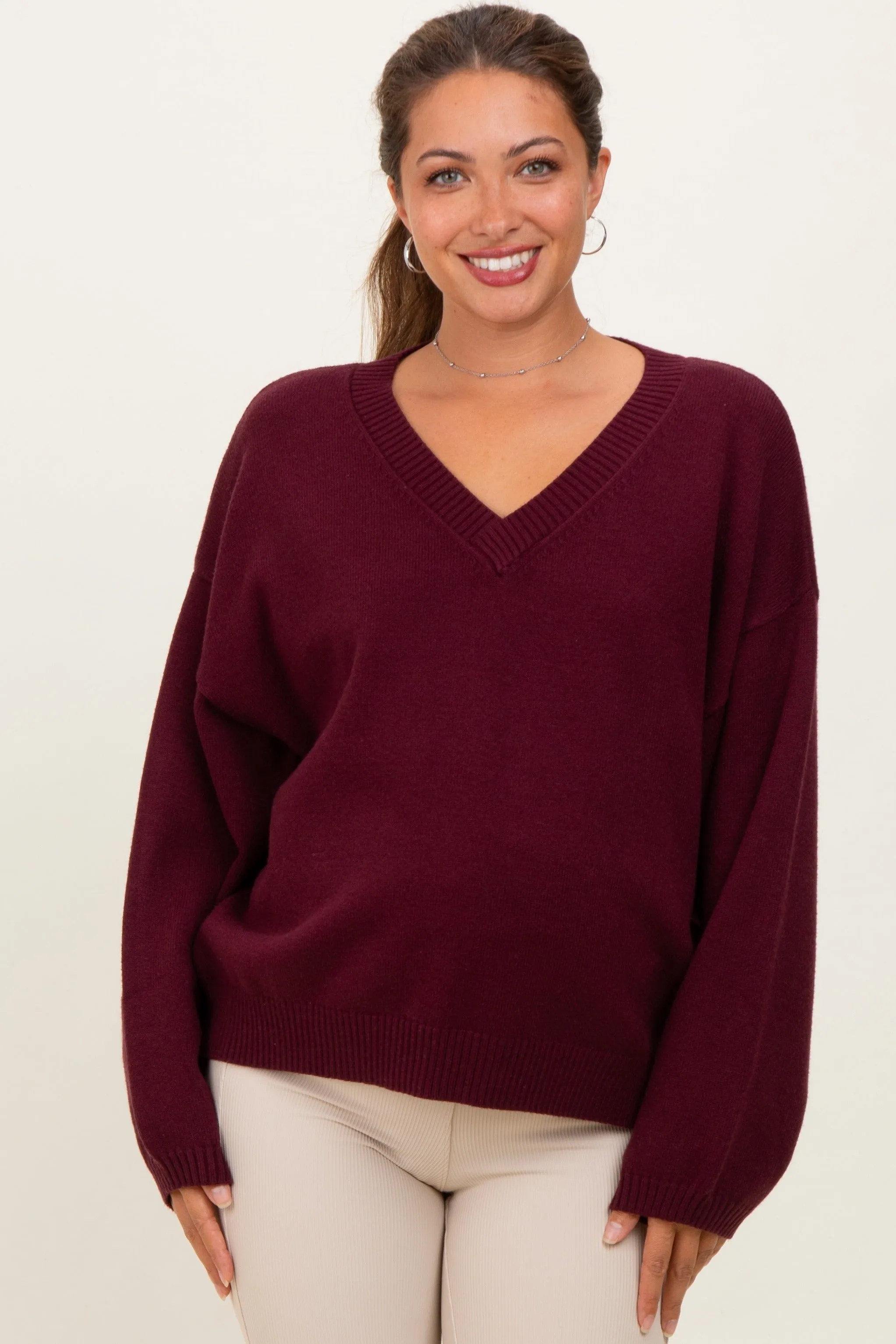 Burgundy V-Neck Drop Shoulder Sweater sold by Pinkblush