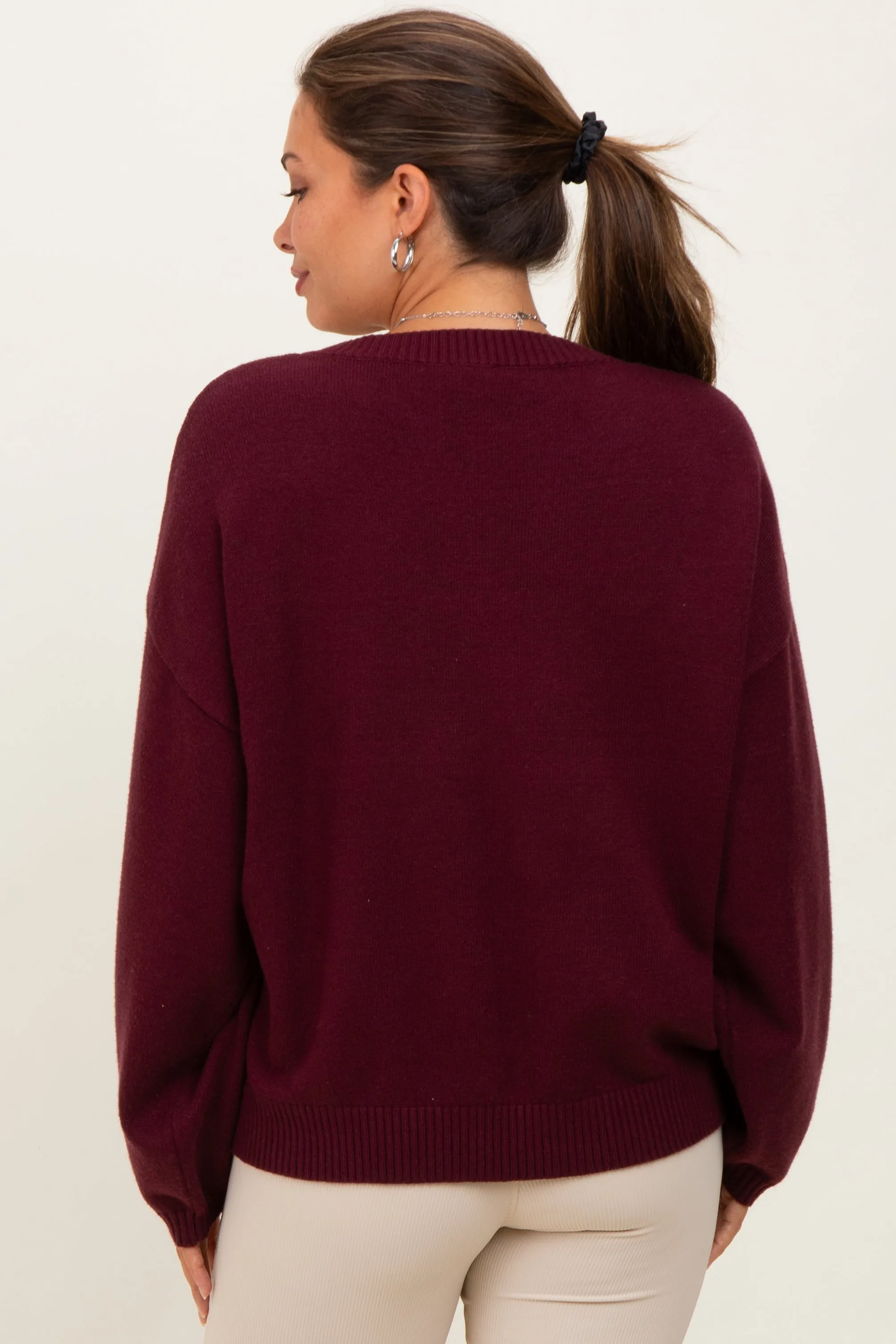 Burgundy V-Neck Drop Shoulder Sweater sold by Pinkblush product image thumbnail 5