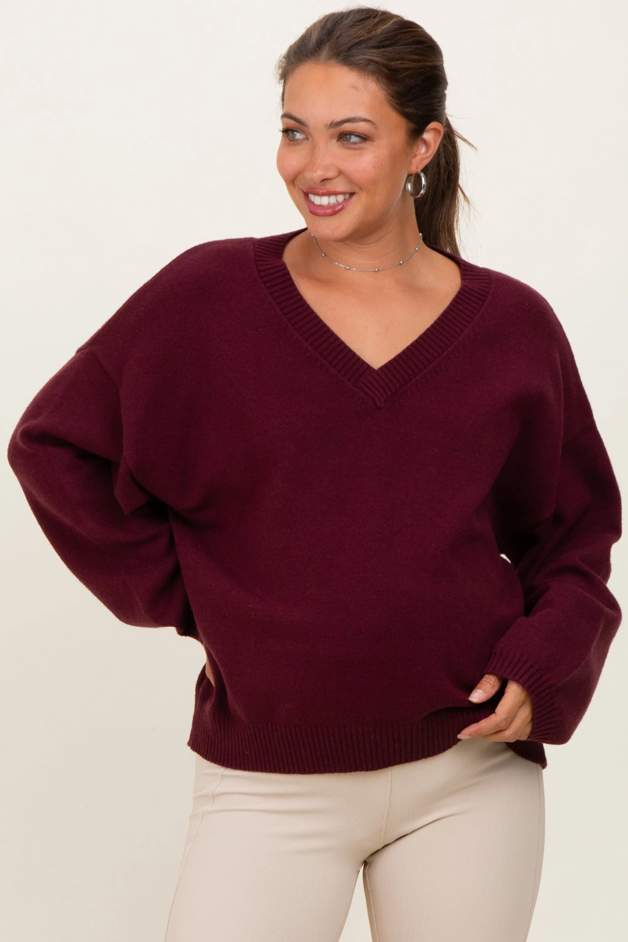 Burgundy V-Neck Drop Shoulder Sweater sold by Pinkblush product image thumbnail 2