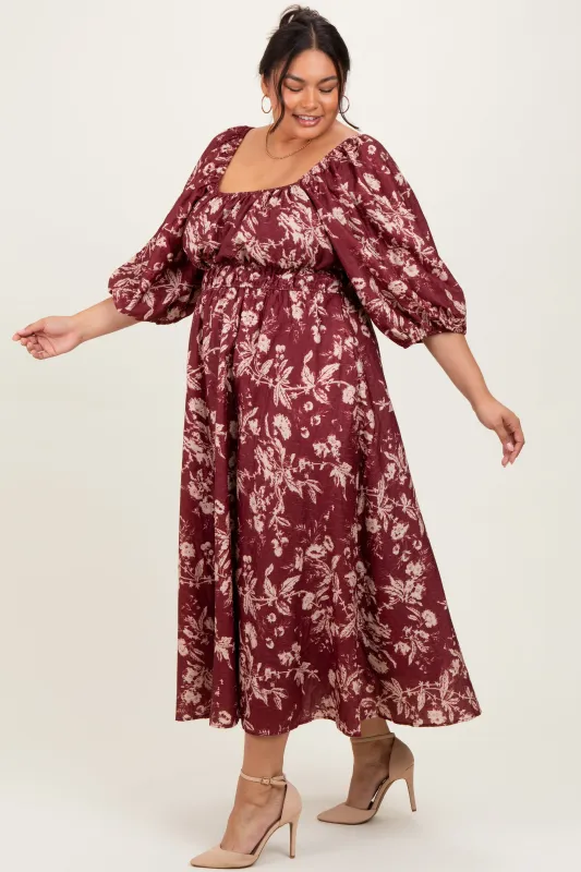 Burgundy Floral Textured Plus Midi Dress sold by Pinkblush