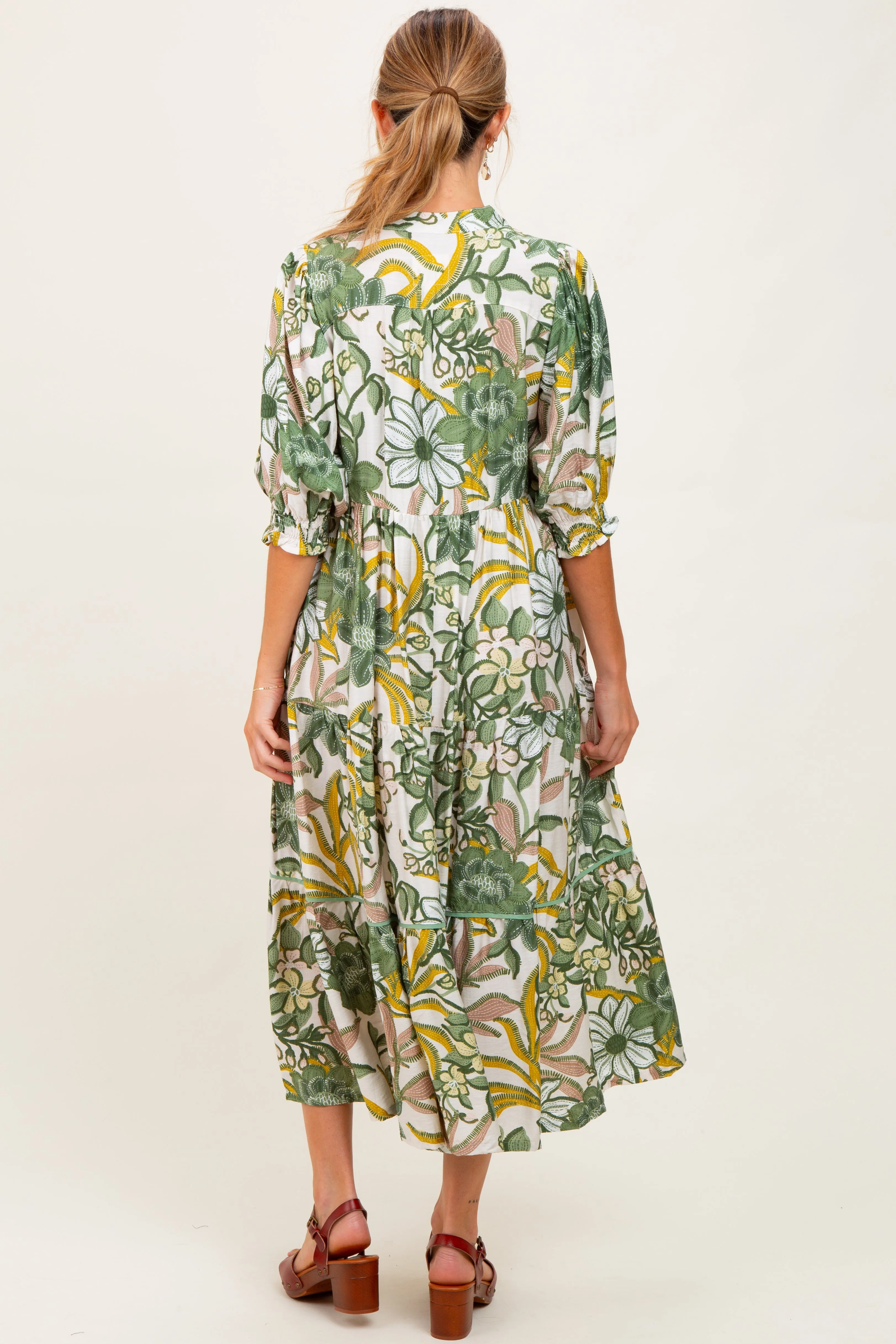 Green Floral Tiered Short Sleeve Maternity Midi Dress sold by Pinkblush product image thumbnail 4