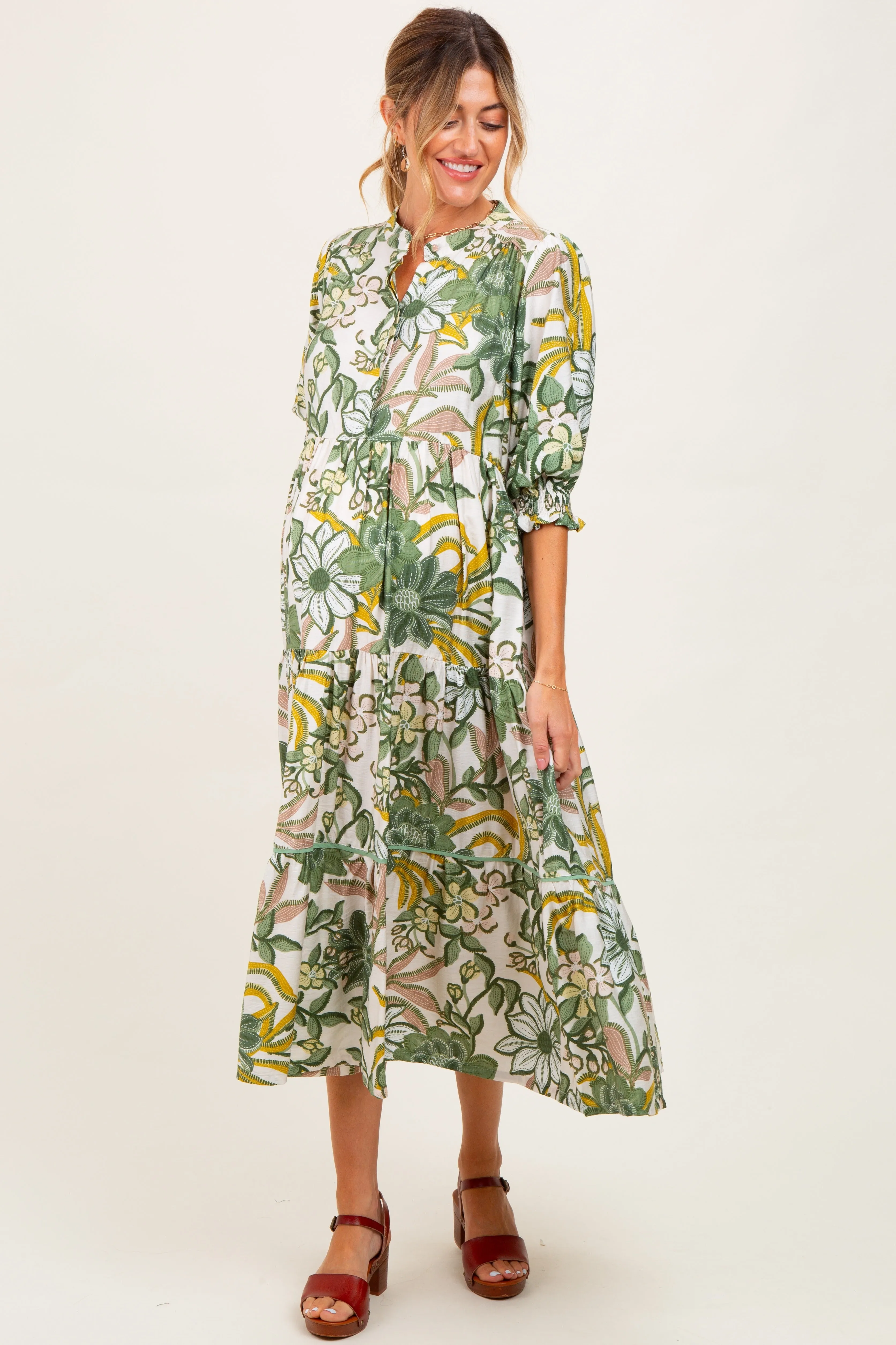 Green Floral Tiered Short Sleeve Maternity Midi Dress sold by Pinkblush