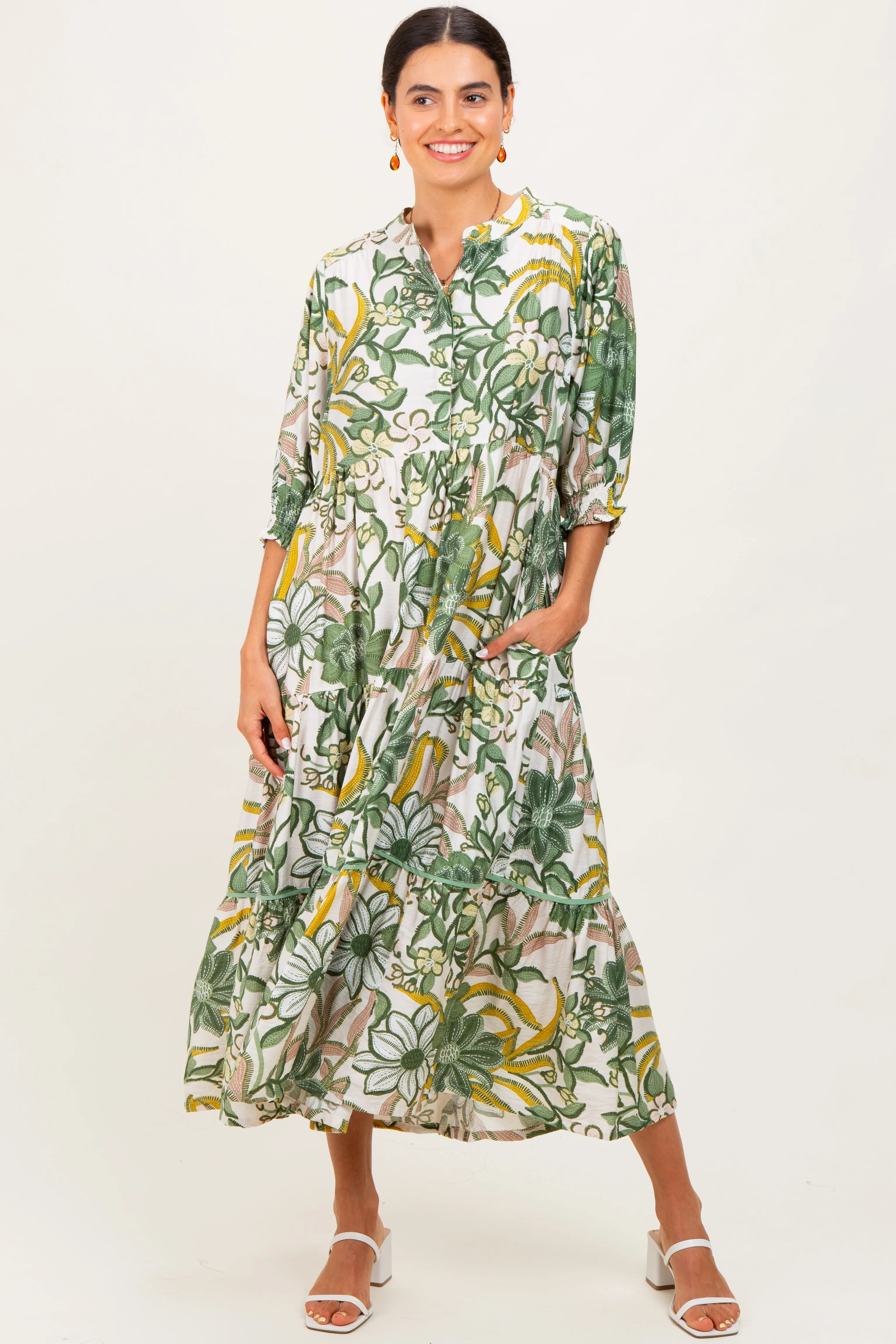 Green Floral Tiered Short Sleeve Maternity Midi Dress sold by Pinkblush product image thumbnail 5