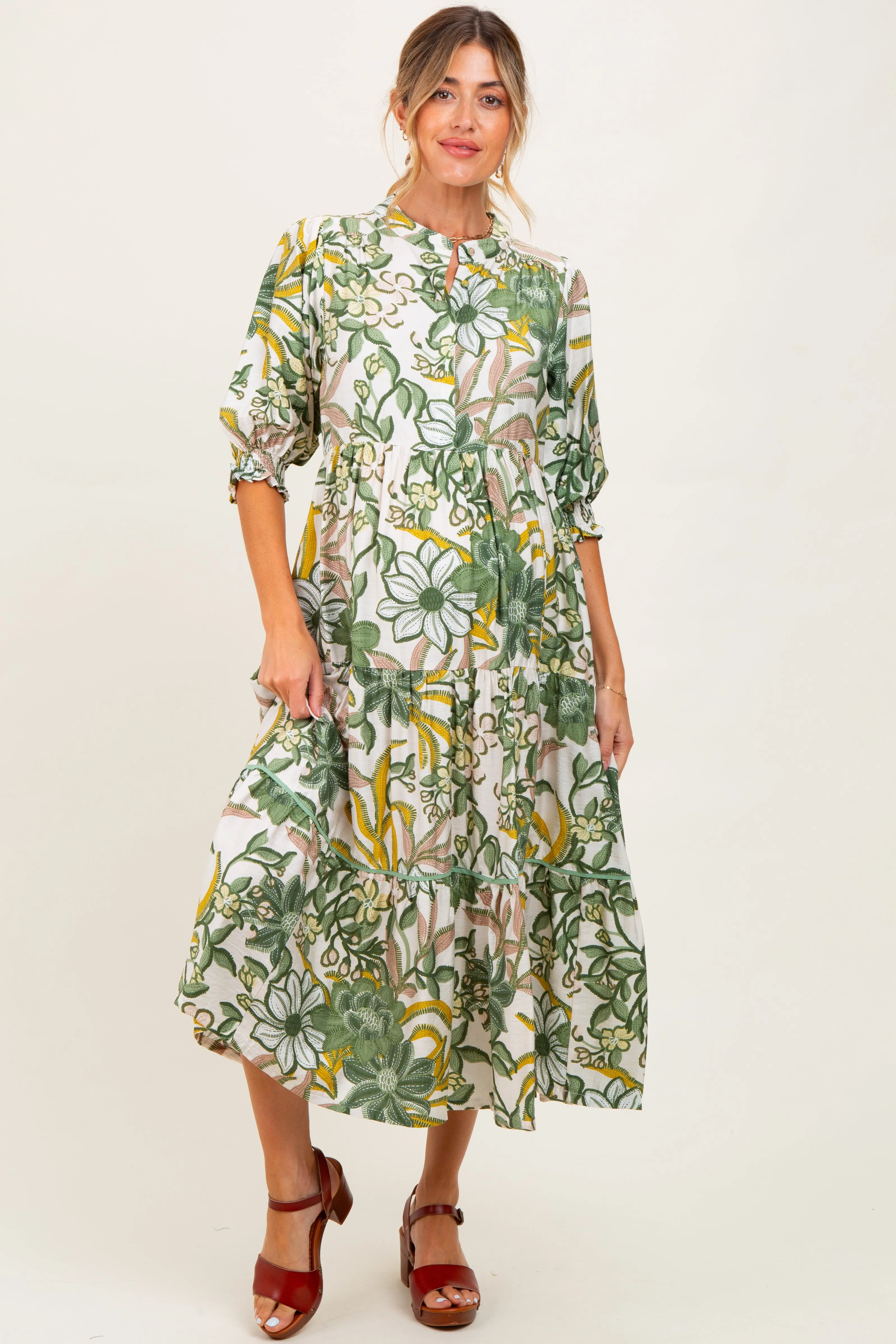 Green Floral Tiered Short Sleeve Maternity Midi Dress sold by Pinkblush product image thumbnail 2